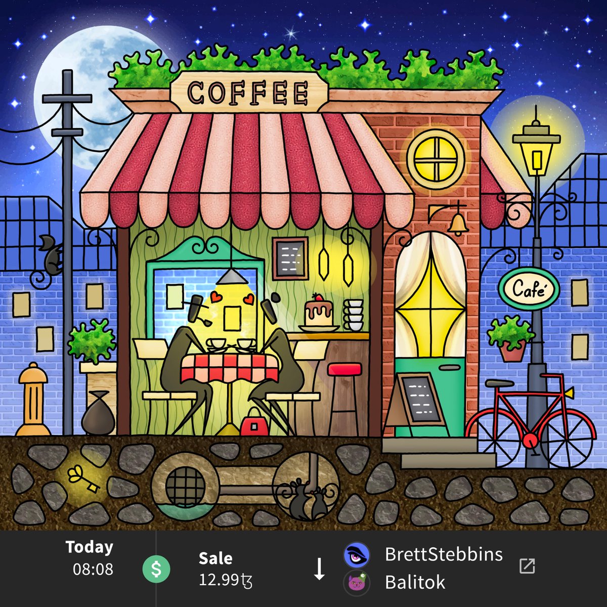 Gm fam ☕

Woke up to 2 sales for my Objkt pieces 😍
Amazing <a href="/BalitokCapital/">Balitok</a> grabbed an edition of "Autumn Cottage" on primary and one edition of "Cafe Lamour" on secondary!🎉 Thanks my friend for choosing my art 🙏💜
Also congratulations my friend <a href="/BrettStebbins/">Brett Stebbins 🗝️</a> for your sale🍻