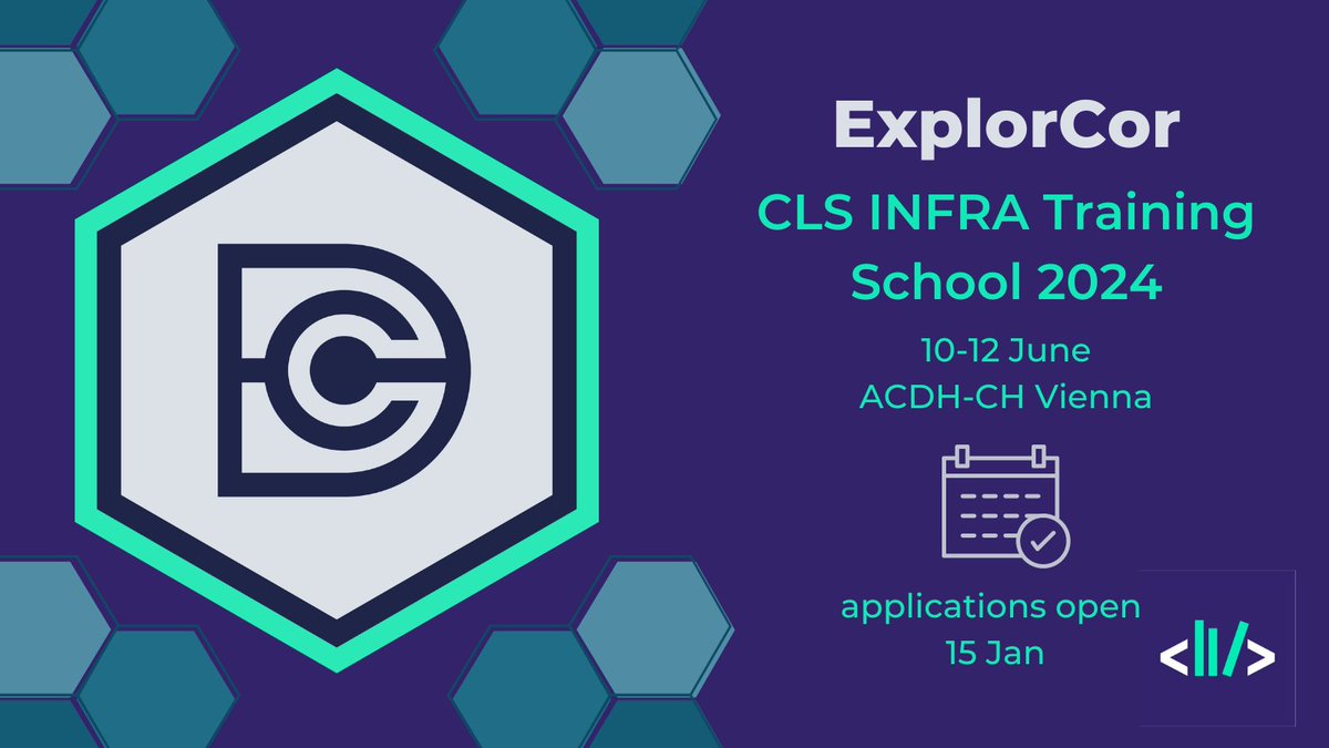 🗓️Save the date!🗓️ 15 Jan applications open for 🧑‍🎓#ClsInfraTraining School 2024: ExplorCor 🇦🇹Vienna 10-12 Jun Delve into finding, evaluating and selecting programmable corpora (like #DraCor). Jointly hosted by @DH_Potsdam & @ACDH_OeAW 👀More: clsinfra.io/events/trainin…