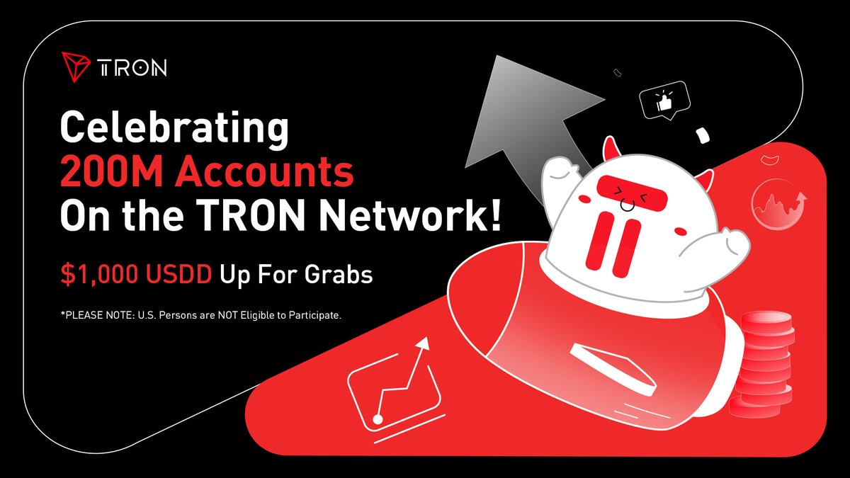 trondao's tweet photo. We’ve hit 200 MILLION accounts on the #TRONNetwork! 🚀 

A massive shoutout to our #TRONICS – this milestone is all because of you! 🌟 

To celebrate:
💰 1000 USDD up for grabs! 
📅 Until 12/14

✨Join here✨
https://t.co/nML3kS6hpS

Let’s celebrate together! 🥳 #TRON200M

⚠️ PLEASE NOTE: U.S. Persons are NOT Eligible to Participate.