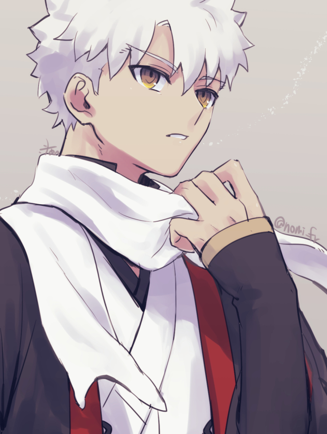 emiya shirou ,senji muramasa (fate) 1boy male focus solo white hair scarf dark skin dark-skinned male  illustration images