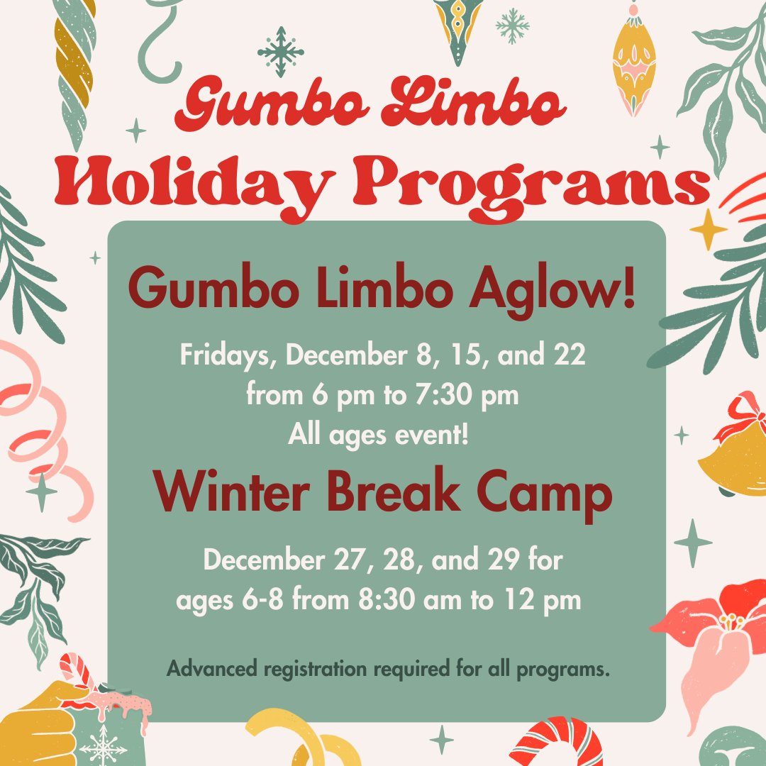 SPACE AVAILABLE THIS FRIDAY (12/8): There's something for everyone this month! Especially, Gumbo Limbo Aglow! featured on select Fridays and open to all ages. To learn more about these exciting programs, please visit myboca.us/2099/Programs-… or call us at 561-544-8605.