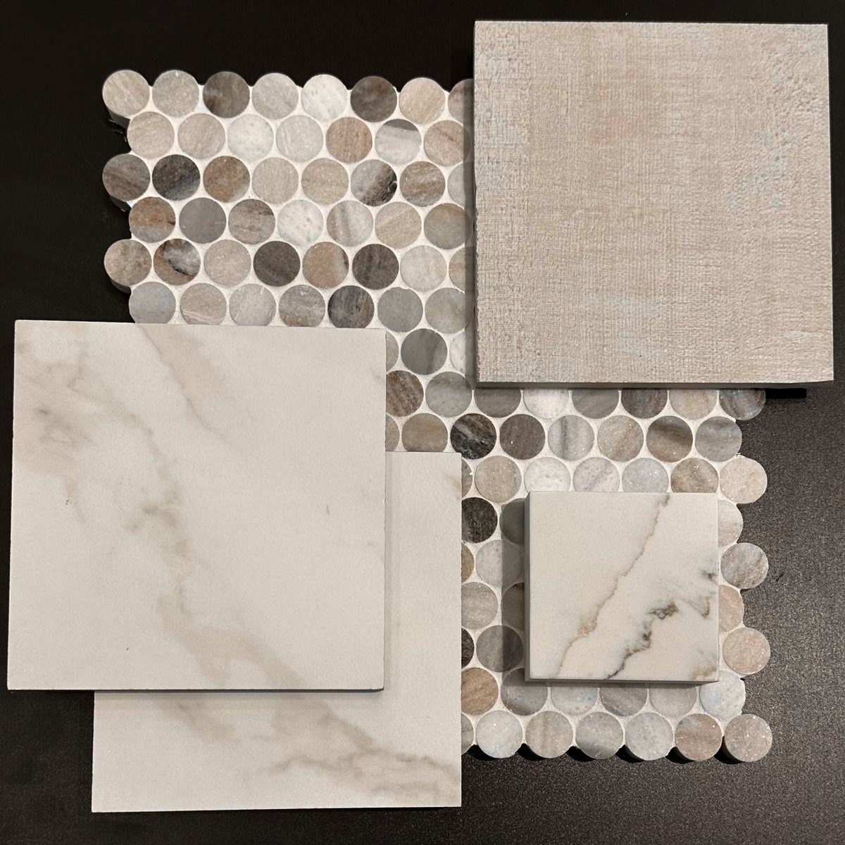 Create a timeless look for your space by incorporating neutral tones! A striking color variation opens up endless design possibilities with our CS - Skyline Penny Rounds. Click here to learn more: ecs.page.link/iz97R

#ArizonaTile #designideas #moodboard