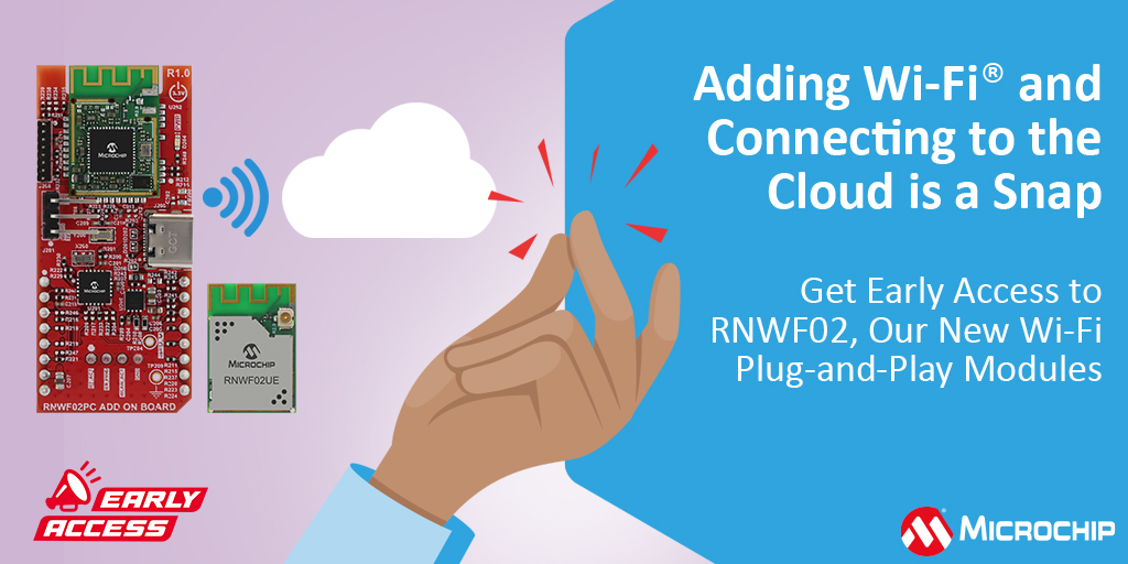 Adding Wi-Fi® and connecting to the cloud is a snap with the RNWF02, our new plug-and-play network controller. You can set up this easy-to-use wireless module using simple text commands. Get the early access kit: mchp.us/3T2IFZE. #WiFi #PlugAndPlay #IoTMadeEasy