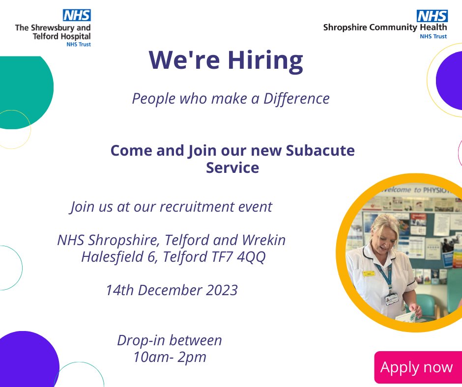 ShropCommHealth's tweet photo. Come and join our Subacute Team! An exciting opportunity to make a difference to the care of patients enabling them to step down to their normal place of residence faster. You can register your interest here https://t.co/EolrsCCvKS
#weareshropcom #shropcomjobs #NHSCareers https://t.co/lBGNUUxwts