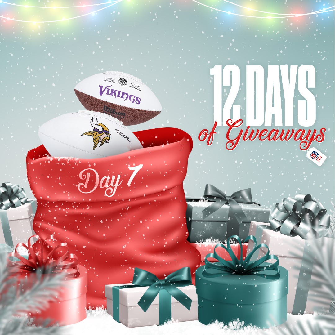 NFLCanada's tweet photo. Calling all the @VikingsCanada fans! 🇨🇦

On Day 7 of #12DaysofGiveaways, we are giving away a signed football from @Vikings WR Justin Jefferson.

Here’s how to enter:
1. Must follow @NFLCanada and @VikingsCanada on X.
2. Give this a Repost, and tag 2 friends in the replies.

Visit our link in bio to read the Terms & Conditions.