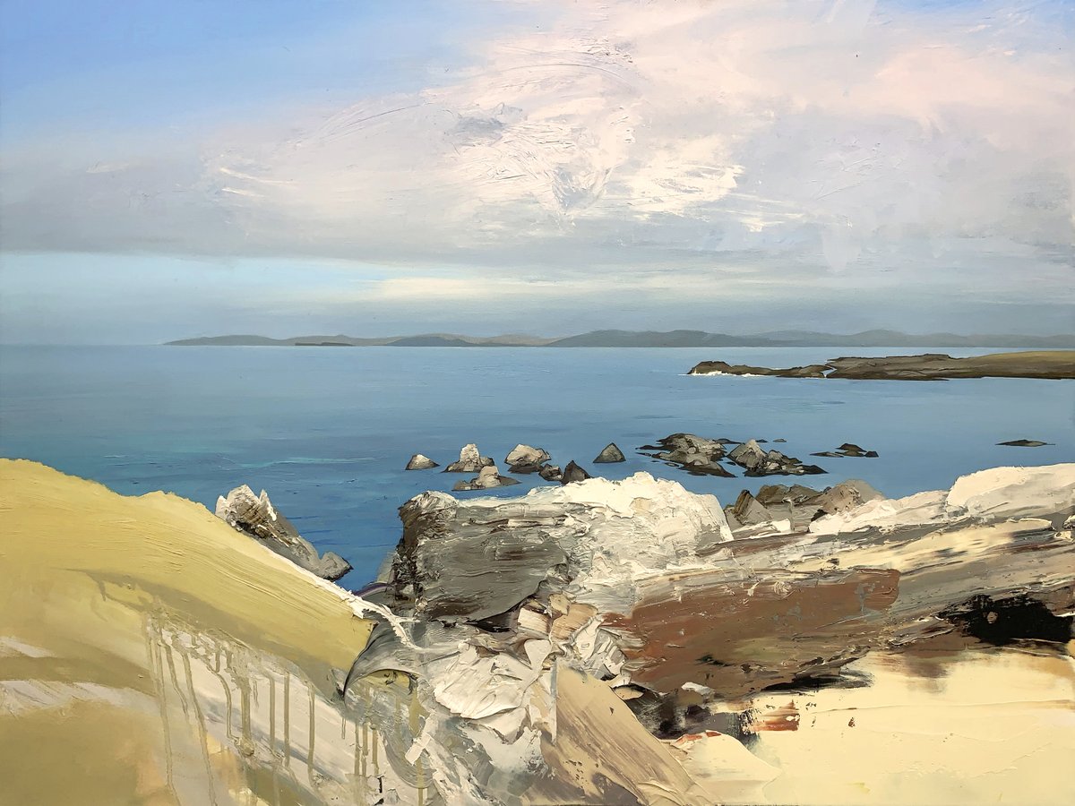Please enjoy this scene of Iona, a gentle island that fills the artist with a sense of ease and peace. This piece and two others by Chris Bushe RSW are currently hanging in the gallery as part of our festive exhibitions.

CHRIS BUSHE RSW 
A Calm Sea, North End Iona 
Oil on canvas
