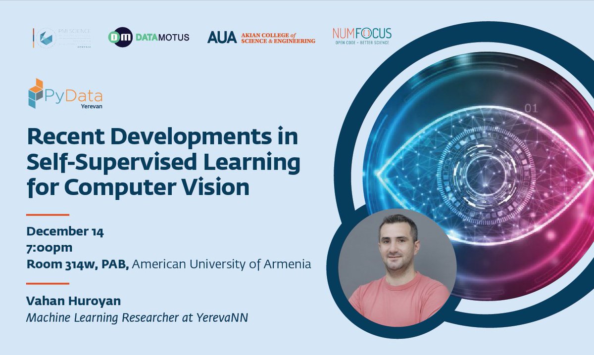 pydata_yerevan's tweet image. 1/1 We are happy to announce the last #PyDataYVN meetup of 2023!

Vahan Huroyan, a Machine Learning Researcher at the YerevaNN research lab, will feature a talk on “Recent Developments in Self-Supervised Learning for Computer Vision.”