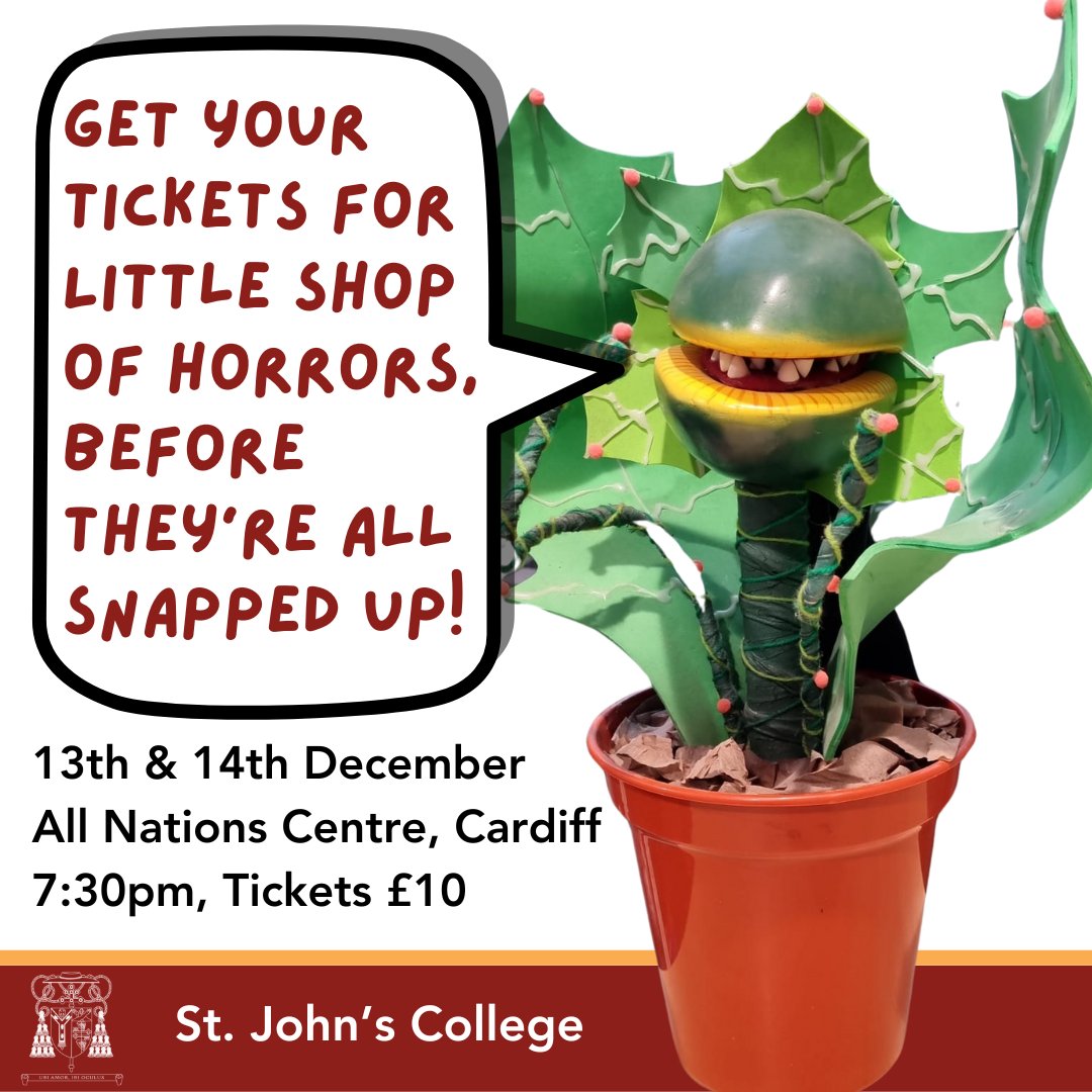 SJCCardiff's tweet photo. St John's College is proud to present our Senior School pupils in the hit musical, Little Shop of Horrors!
Come and see the show at the All Nations Centre on 13th and 14th December.
Get your tickets at: https://t.co/kBfqxpaaeg
#SJCSeniors #SJCPerformance #SJCFromTheHeart https://t.co/Z765U4p9w4