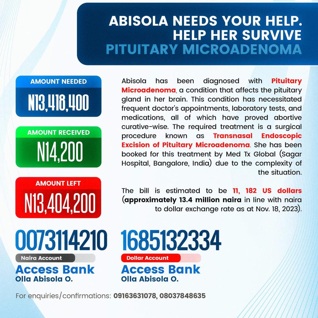 Forach2's tweet photo. @omoyeeeh 🌟

Your support transforms lives. Every donation fuels hope, easing the financial strain of medical expenses for Abisola O. Olla. 

0073114210
Access Bank https://t.co/mup7m1W6k0