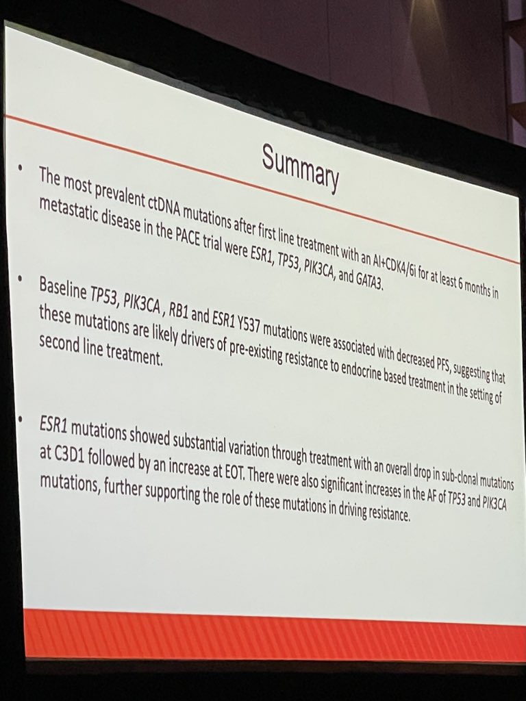 Rinath Jeselsohn from <a href="/DFCI_BreastOnc/">Dana-Farber’s Breast Oncology Center</a> presenting sophisticated analysis of BL and serial ctDNA from PACE trial, elucidating mechanisms of resistance to ET and CDK4/6i. And moderated by Ada Waks! #SABCS23 <a href="/DanaFarber/">Dana-Farber</a>