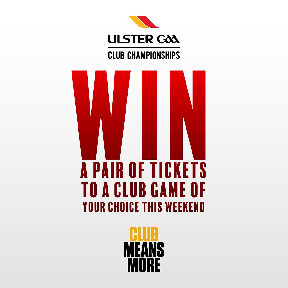 UlsterGAA's tweet photo. 🎉 Ticket Giveaway! 🎉

🎟️🎟️For a chance to WIN TWO TICKETS to an Ulster Club game of your choice this weekend, just do the following 3⃣ things:

🔸 RT this post
🔸 Follow @UlsterGAA
🔸 Comment below your chosen game

Winner announced tomorrow!

#UlsterClub2023 #ClubMeansMore https://t.co/vzak65L4dF