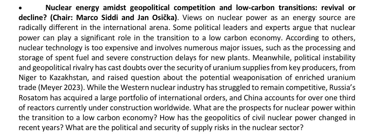 MarcoSiddi's tweet photo. In view of the upcoming @ECPR General Conference in Dublin (12-15 August 2024), I welcome paper proposals for the two panels described below:
🔵Nuclear power
🟢Green electrification
If you have a proposal, send it to me (title &amp; abstract of max 500 words) by Friday 12 January! https://t.co/2qSqu3gG5p