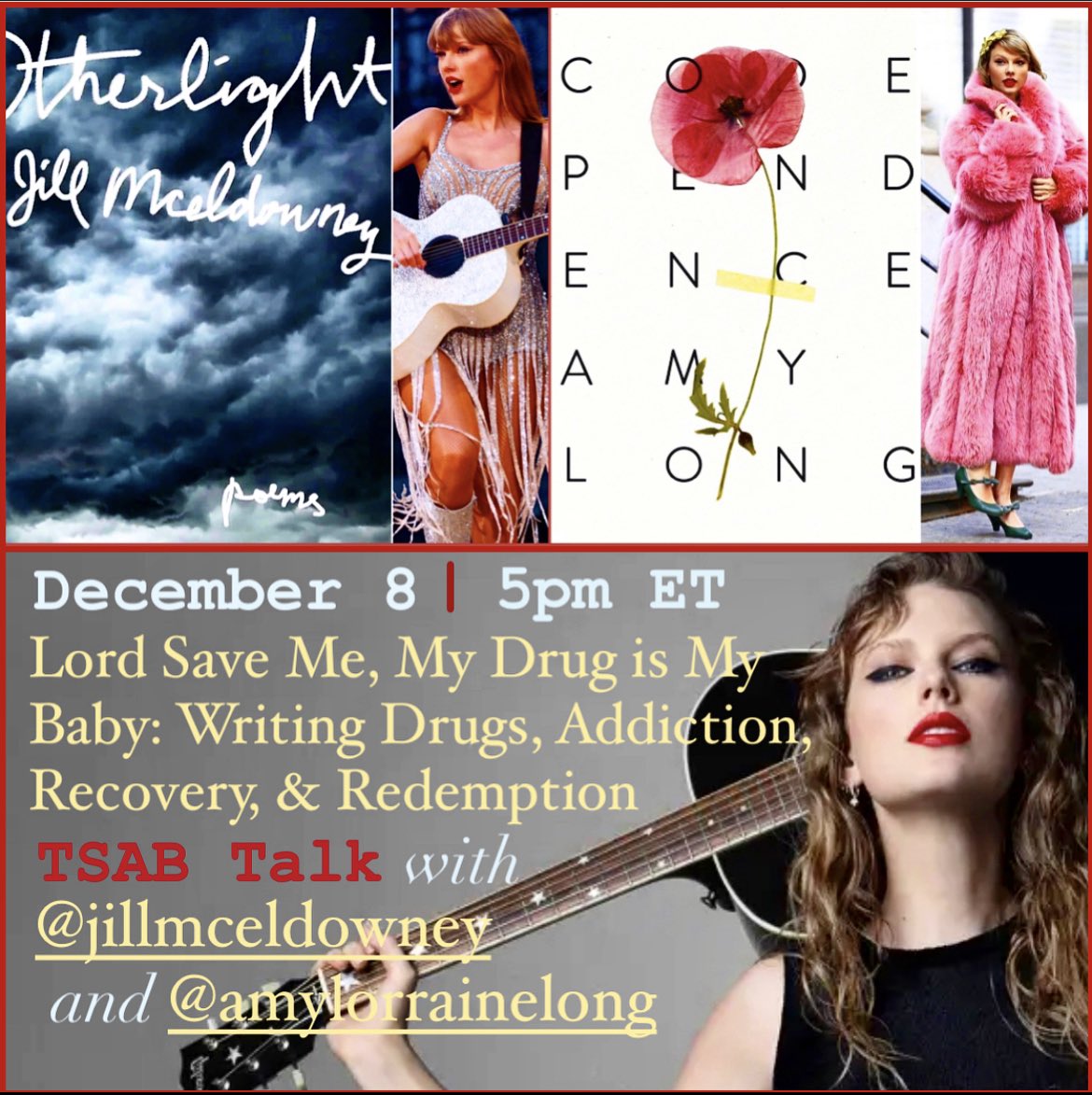TONIGHT (as in Thursday, December 8): TSAB EIC @amylorrainelong talks to @jillmceldowney about one of their favorite genres (drug lit), maybe dish a little about Taylor Swift, and tell morbidly funny stories. 5pm ET/4pm CT/2pm PT.