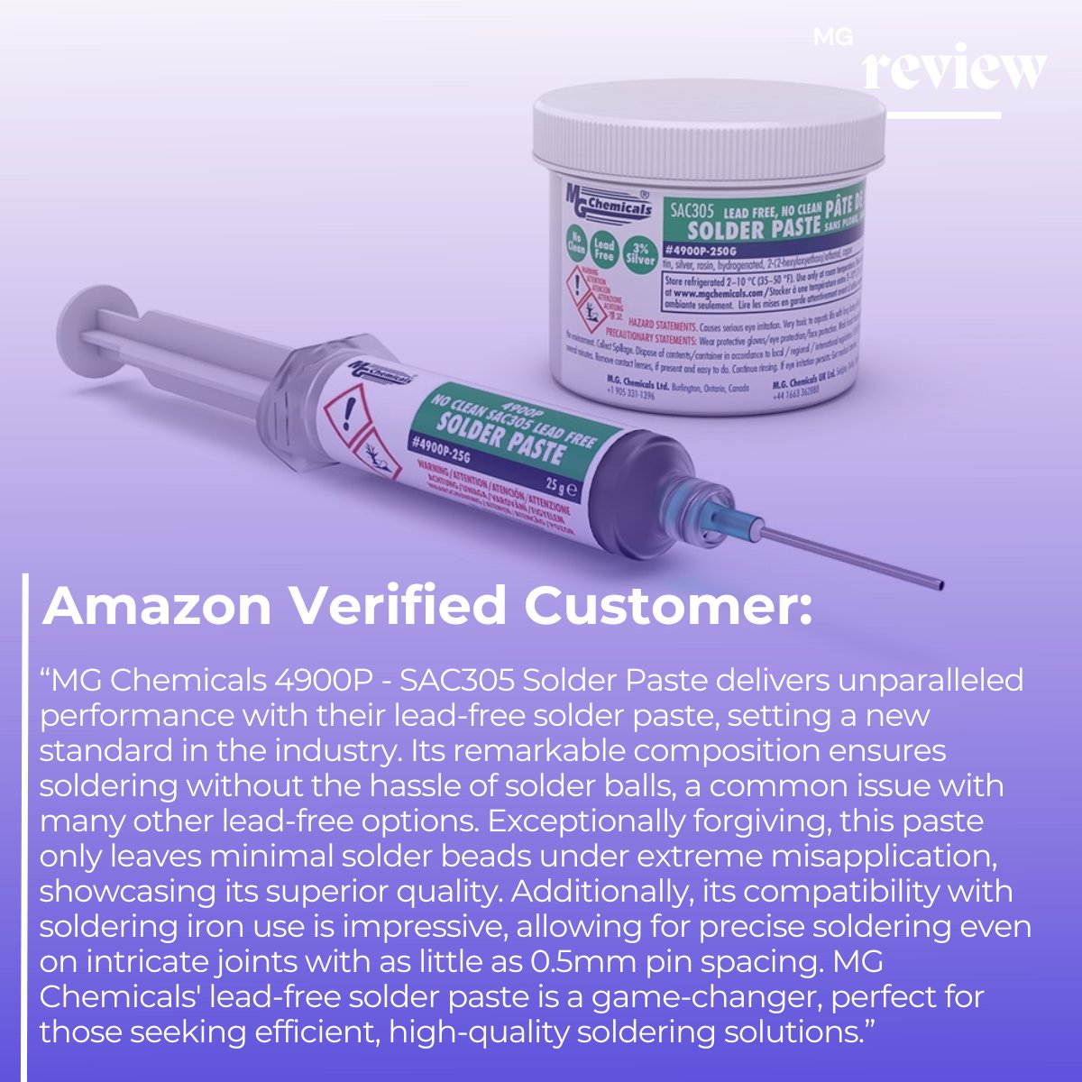 MGChemicals's tweet image. No time to clean, no problem. Our 4900P is a SAC305 solder paste that exceeds J-STD 006C while the flux component meets J-STD 004B.

#Soldering #SolderPaste #Flux #SolderFlux #SolderingSupplies #LeadFree