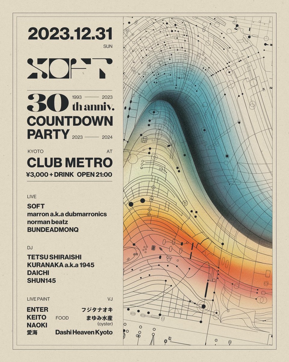 【今年の大晦日はsoft 30th anniv. countdown party"!!】

METRO カウントダウンパーティーは京都の至宝"SOFT"の記念すべき30周年イヤーを締めくくるべく、SOFTRIBE迎えたオールナイト年越しパーティー!! 最高/最強のラインナップと共に来るべき2024年をみんなで迎えましょう!
metro.ne.jp/schedule/231231