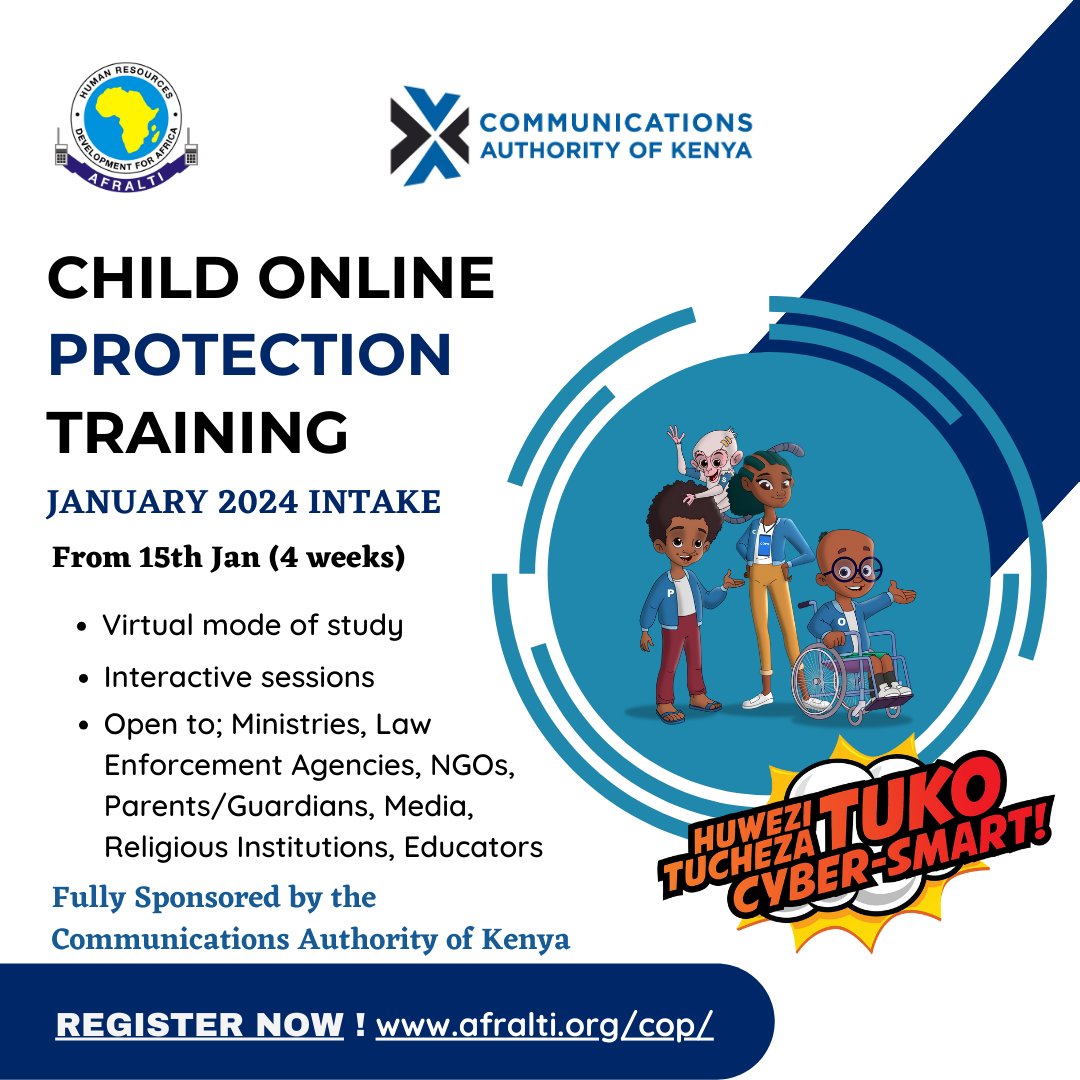 AFRALTI's tweet image. COP is back! We are ready to host you in 2024!

@CA_Kenya in partnership with AFRALTI welcomes all Kenyan stakeholders who interact with children to undertake the fully sponsored training which shall be conducted virtually from 15 Jan 2024. Register now afralti.org/cop/