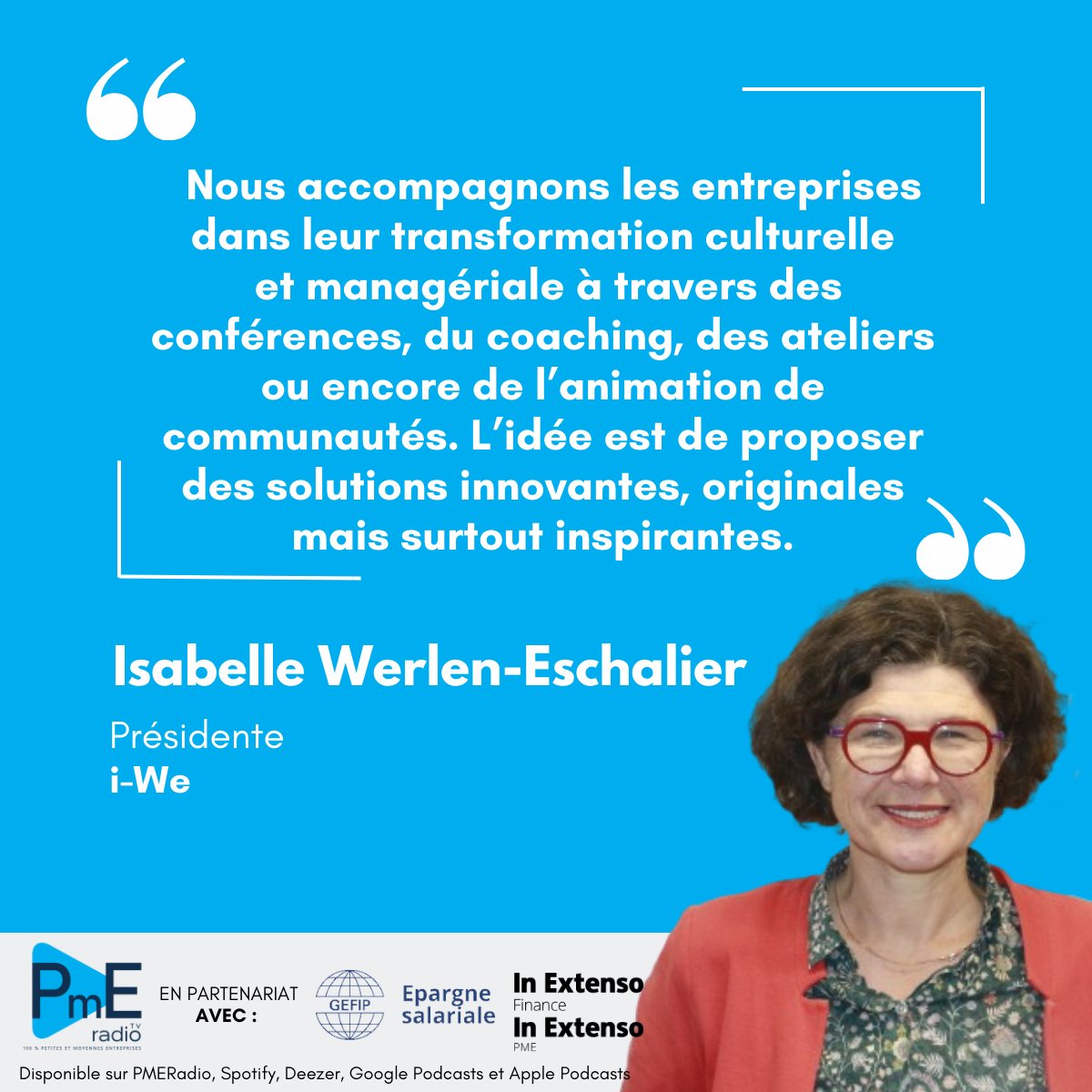 [INTERVIEW] 🎙️
🔊Ecoutez sur : lnkd.in/g-vcGtW2
Pauline Riglet interviewe Isabelle Werlen Eschalier, Présidente de i-We (<a href="/IweCommunity/">iWe</a>) qui nous livre son #expérience sur <a href="/pmeradio_tv/">PMERadio_tv</a> 
🤝avec #GEFIP et <a href="/InExtensoFT/">In Extenso Finance</a> 
👉Nos #podcasts sur btobradio.tv