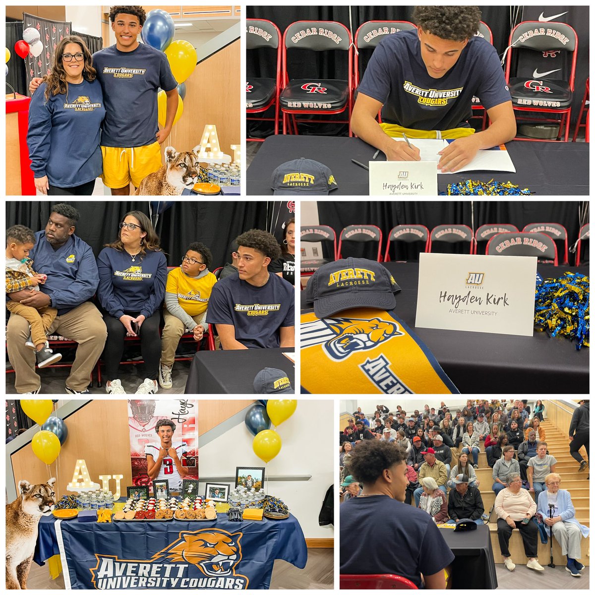 bornhayden05's tweet photo. Signing Day 11/28/23. Thank you to Sheriff Charles Blackwood,Curt Farmer and Coach DeLeo for speaking for me. All  the OCSONC command staff,coaches past &amp; present  teammates, friends &amp; especially my family who were there to support me! Roll Cougs! #AllAverettAllIn 🔵🟡 https://t.co/SzpuLVdiOK