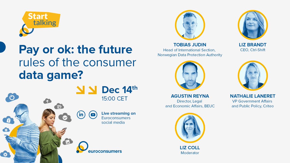 euroconsumers's tweet image. 🤔💰 Get the service for free, supported by targeted advertisements, or pay a fee for content free from tracking. Unpack with us this digital dilemma during our #StartTalking webinar with our extraordinary panel 👉 rb.gy/5aha6h