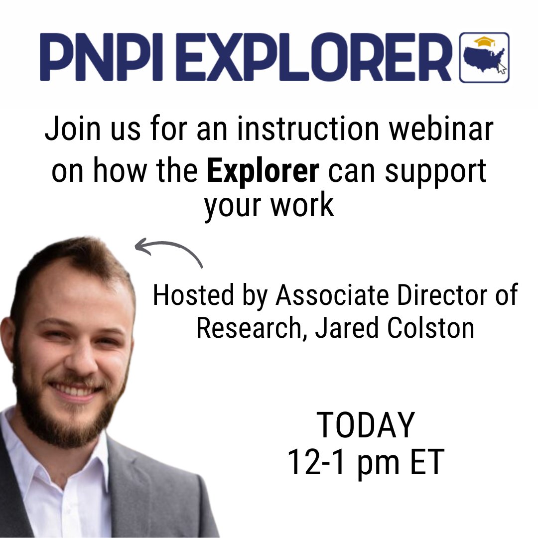 Join us TODAY at 12 pm ET as Jared Colston, Associate Director of Research, demonstrates how the PNPI Explorer, a new higher education data tool, will support your work!

ow.ly/XhOp50QglYe