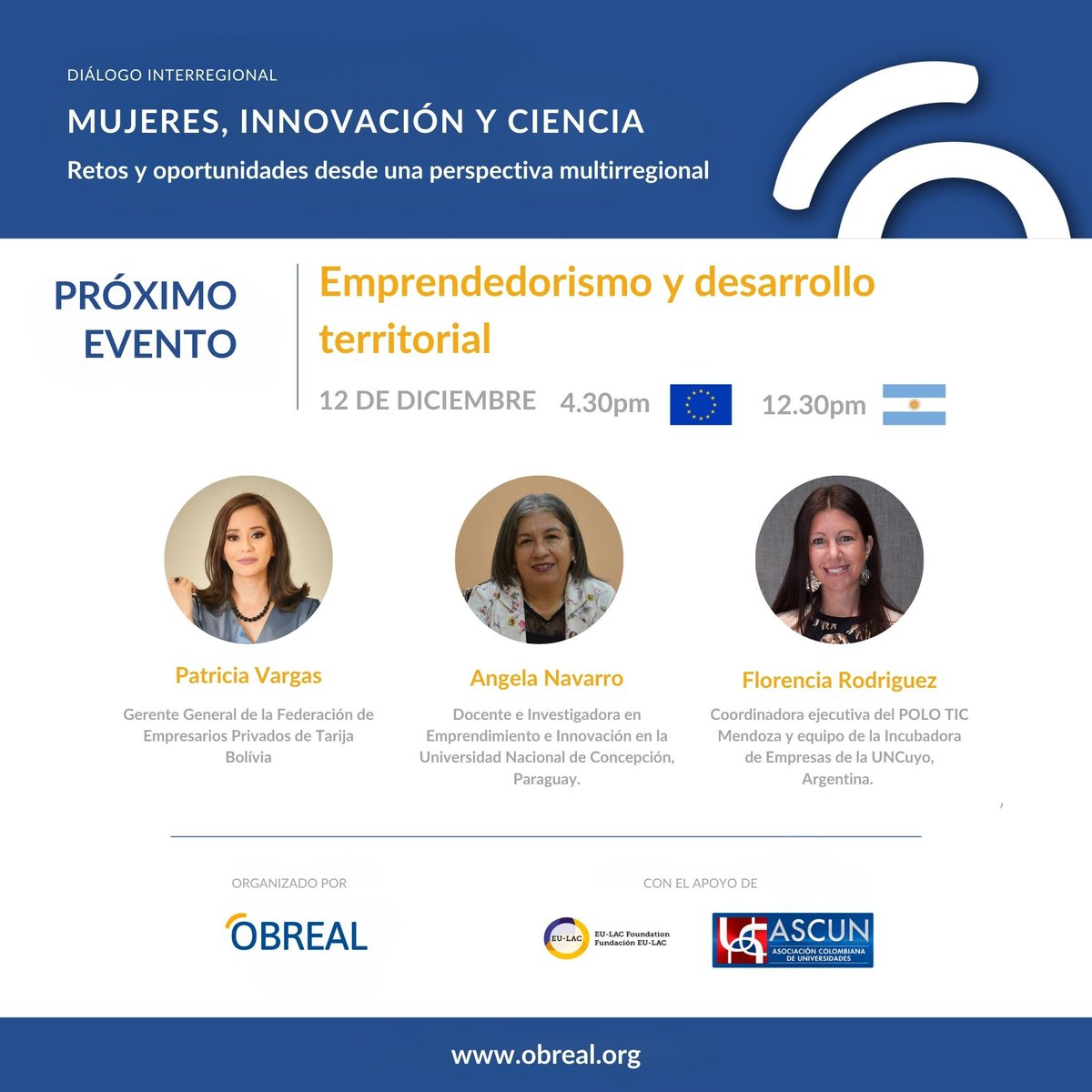 🔜 SAVE THE DATE for the last session of the "Women &amp; Science" webinar series

🗓️ 12 December
⏰ 12:20 pm (GMT-3)
🗣️ The session will be conducted in Spanish