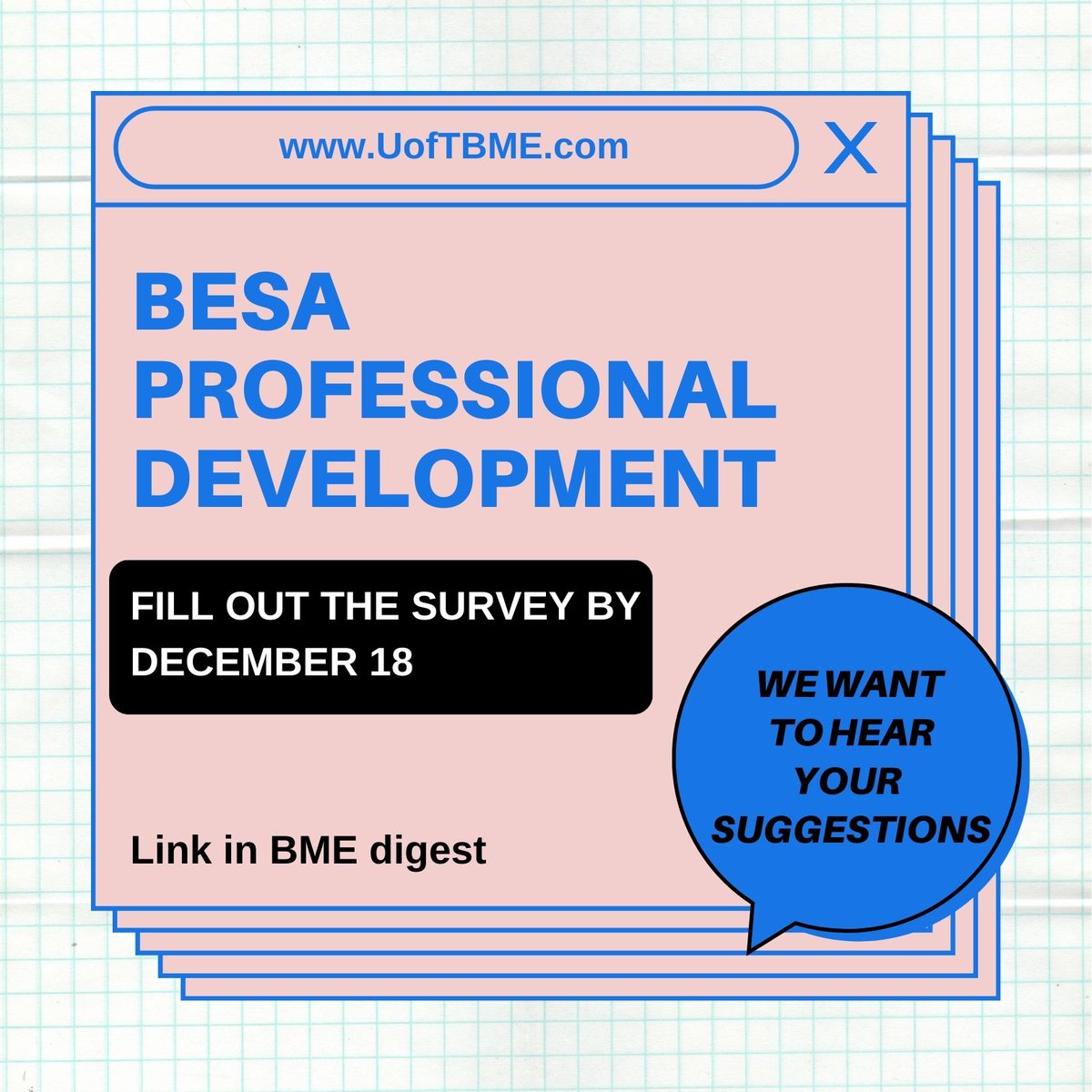 BESA PROFESSIONAL DEVELOPMENT
Just a reminder to share your thoughts/suggestions for BESA annual Career Week by December 15th so that we can implement your feedback into our planning. 

When: Deadline December 15th
Survey link:forms.gle/KpNKrceZGmikVj…