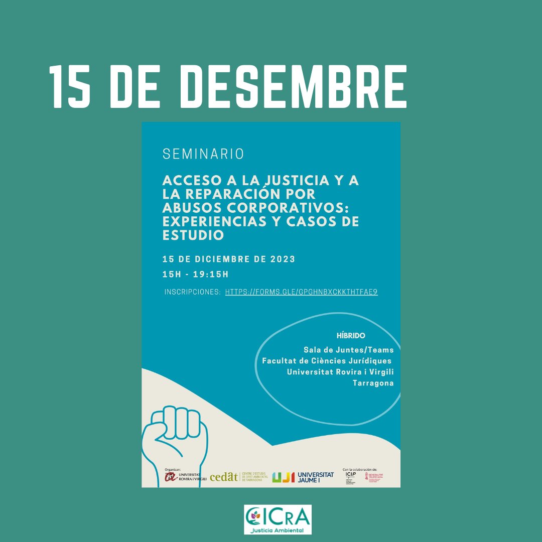 CICrA_coop's tweet photo. @CCARefugi @CEDATURV @universitatURV @pajares_miguel @ColectivoMaloka @taulapermexic @beaifp @ESFCatalunya @SO_organica @coopolis_bcn @AleDuranCast @aiguapublica @aiguaesvida @aiguaBCN @aiguasol @Ecoserveis @fundacioficat @abarkacoop @Lafede_cat @ecologistes @MiradaColibri @Espailatregua @bcn_ajuntament @twitt_odg @ObservaDESCA @fundaciogune Divendres: acabarem la setmana participant en el seminari "Acceso a la justicia y a la reparación por abusos corporativos: experiencias y casos de estudio"

⏰ 15:00
📍Sala de Juntes (Campus Catalunya) URV (Tarragona)

5/5🧵 https://t.co/PQcIFf7QEh