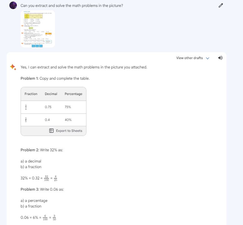 Bard could extract and solve 8 out of the 11 math problems from a picture - a real homework for my 7th grader daughter. chatGPT could extract and solve 5 out of the 11. This is super simple math. Solutions are accurate.