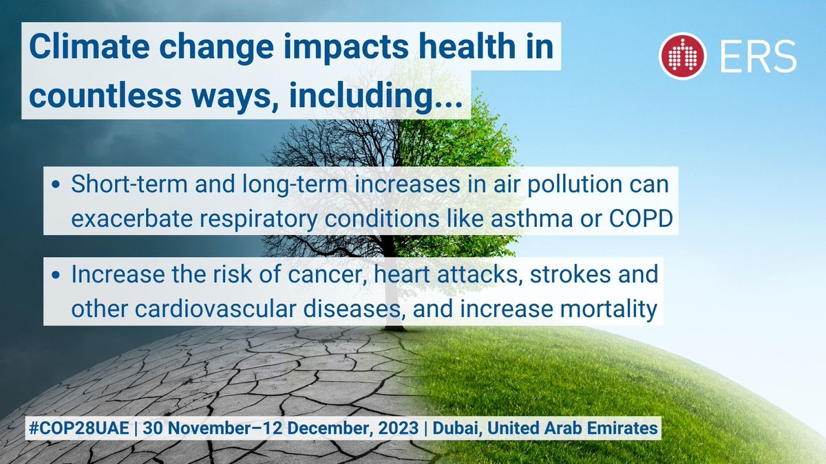 #COP28UAE: Due to worsening air quality and increasing temperatures, climate change exacerbates respiratory health conditions such as asthma and COPD. We call on decision-makers at COP28 to prioritise action to mitigate but also adapt to the health effects of climate change.