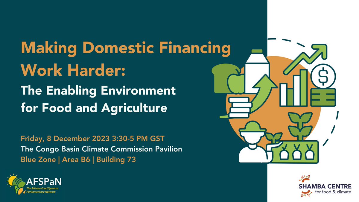 📢Join us at #COP28 for a discussionon how to improve the governance and incentives to enable investments in sustainable food and agriculture.

📅Friday, 8 December
⏲️15:30 GST 
 📌Congo Basin Commission Pavilion

Find out more: shambacentre.org/cop28-activiti…