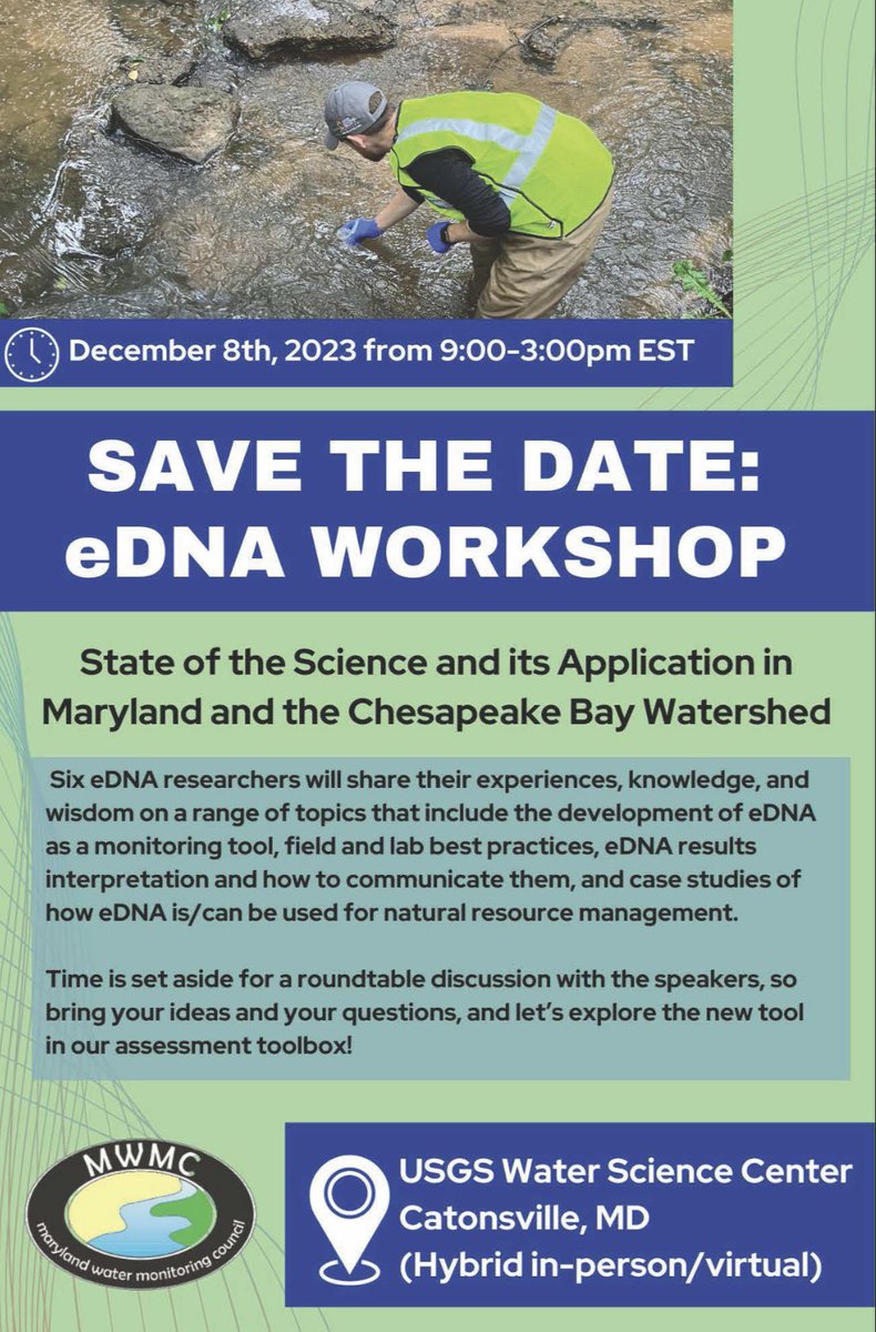 I will be speaking at the Maryland Water Monitoring Council’s environmental DNA workshop tomorrow at 1 PM EST. Register at this link to attend: dnr.maryland.gov/streams/pages/…