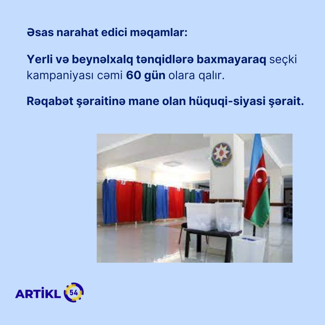 article54PU's tweet photo. 📢Gələn ilin 9 fevralına növbədənkənar prezident seçkiləri təyin edildi.

💬Bu təyinat heç bir lazımi ictimai məsləhətləşmə və müzakirələr aparılmadan təyin olundu.

👎🏼Bu hal isə vətəndaş iştirakına əsaslanan demokratik prinsiplərin pozuntusudur. https://t.co/0nkKxDJTFF