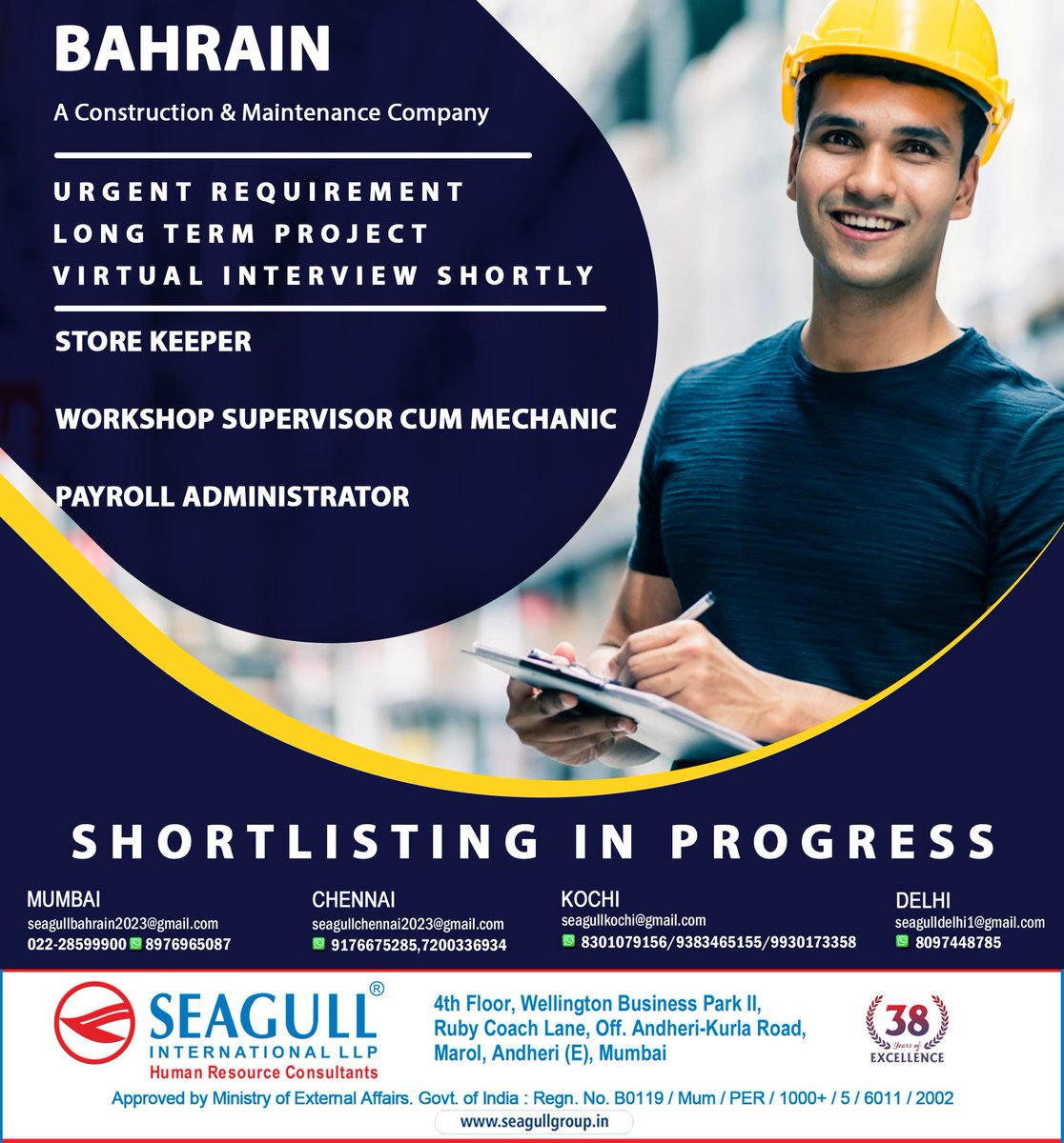 hrd1_seagull's tweet photo. 🇧🇭Bahrain Jobs 
‼️Urgent Requirement 
💻Virtual Interview Shortly 
✔️Long Term Project - Shortlisting In Progress 
📍Location- Mumbai , Chennai , Kochi , Delhi
.

.

.
#bahrainjobs #seagull #mumbaijobs #chennaijobs #kochijobs #delhijobs #storekeepre #workshopsupervisor https://t.co/fV4xIMOlrp