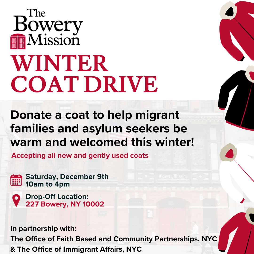 @BoweryMission @NYCImmigrants joining together to donate winter coats for needy New Yorkers. Drop off new and gently used coats. 🧥 #cityoffaith
