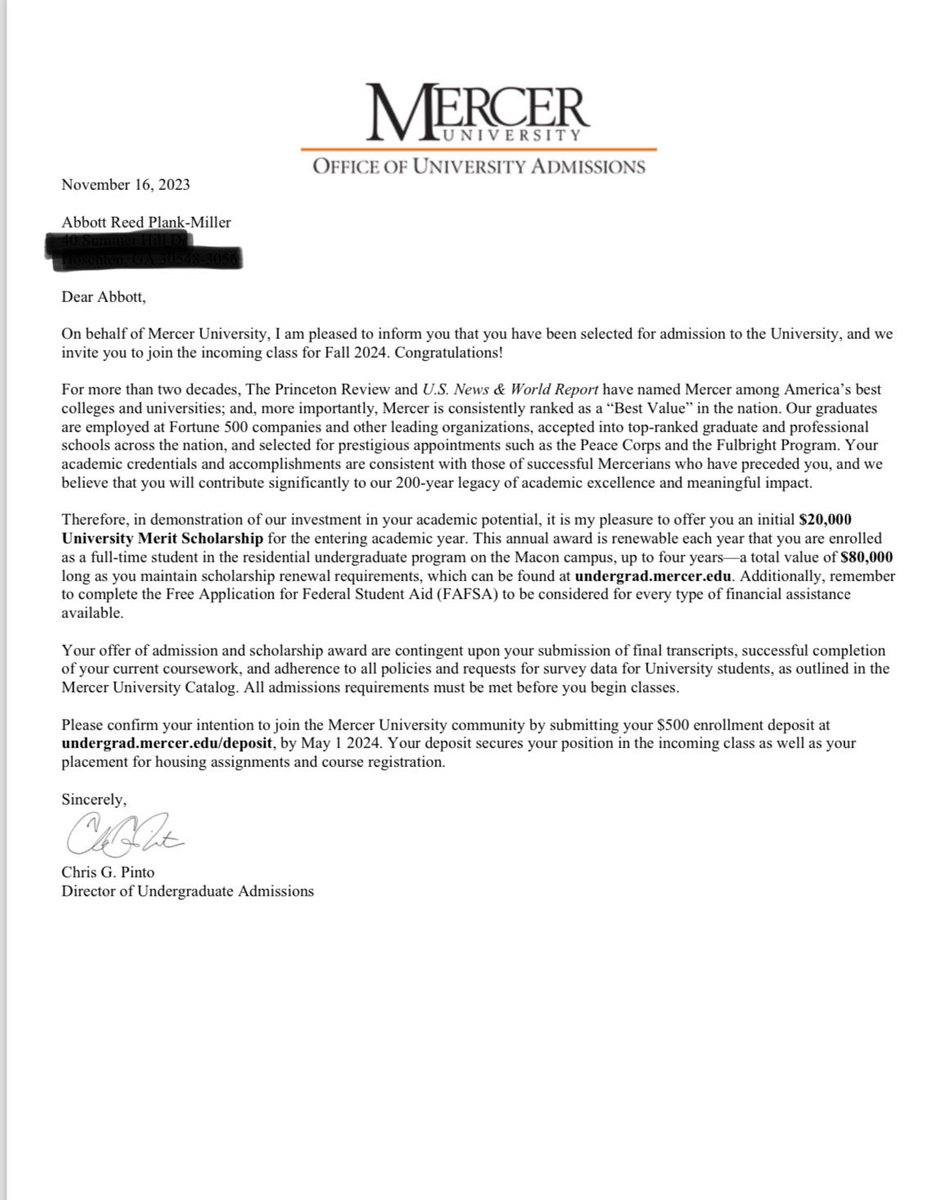 AbbottReed08's tweet photo. Senior Life, contemplating what to do next &amp; choosing what will be best for me moving forward. I am proud to say that I have been accepted into #MercerUniversity with a $20,000 per year academic merit scholarship! 🙏 @MercerFootball @CoachSEllis #linebacker @JaxCoRecruitsFB https://t.co/zVl7xJCGxa