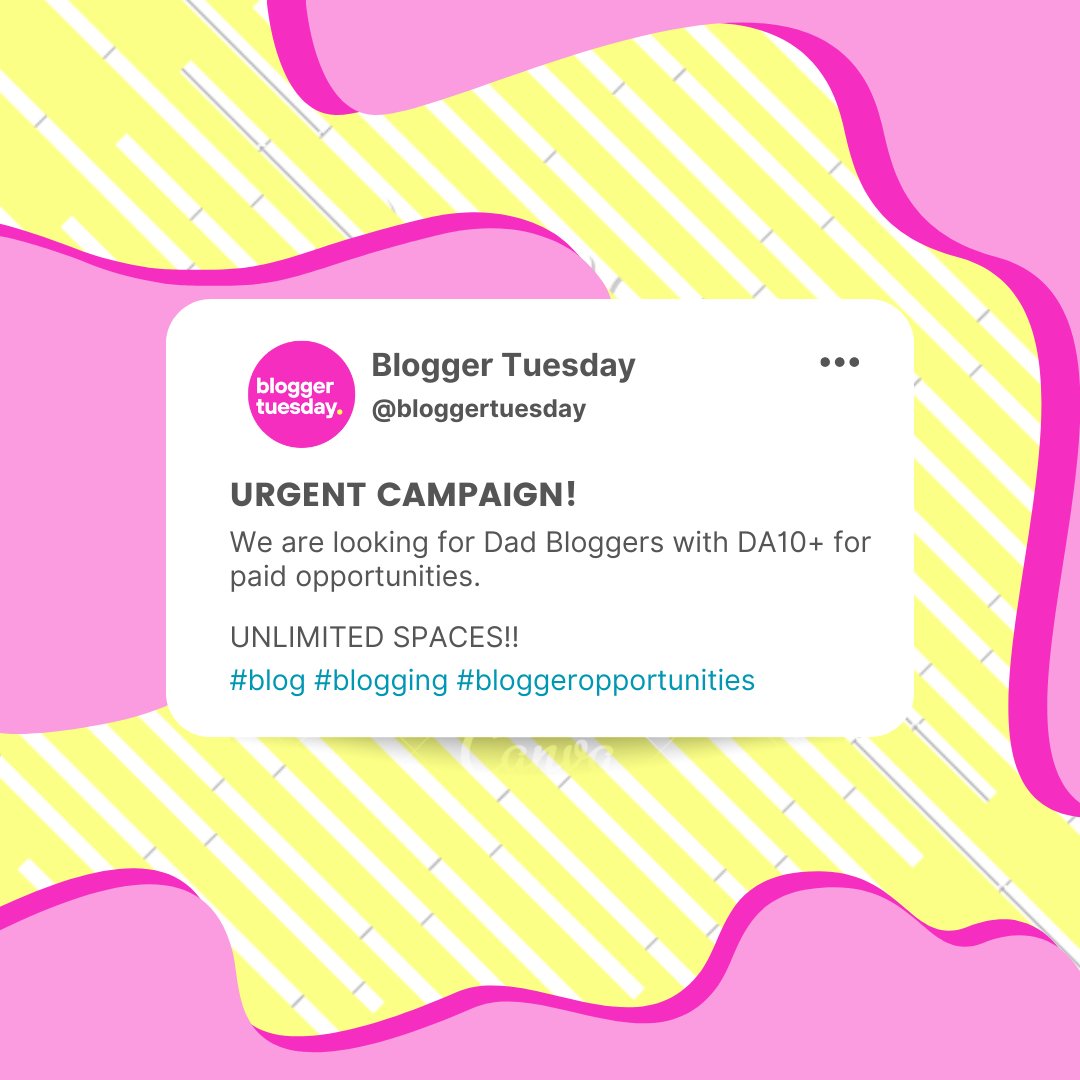 BloggerTuesday's tweet photo. 🚨ATTENTION BLOGGERS!🚨

We have unlimited positions available for bloggers within the Dad niche! 👨‍🍼👨‍🍼👨‍🍼

Drop your links below if you think you fit this category🏌️‍♀️
#blog #blogging #blogger #dadblogger #dadlife https://t.co/01gPVhBFId