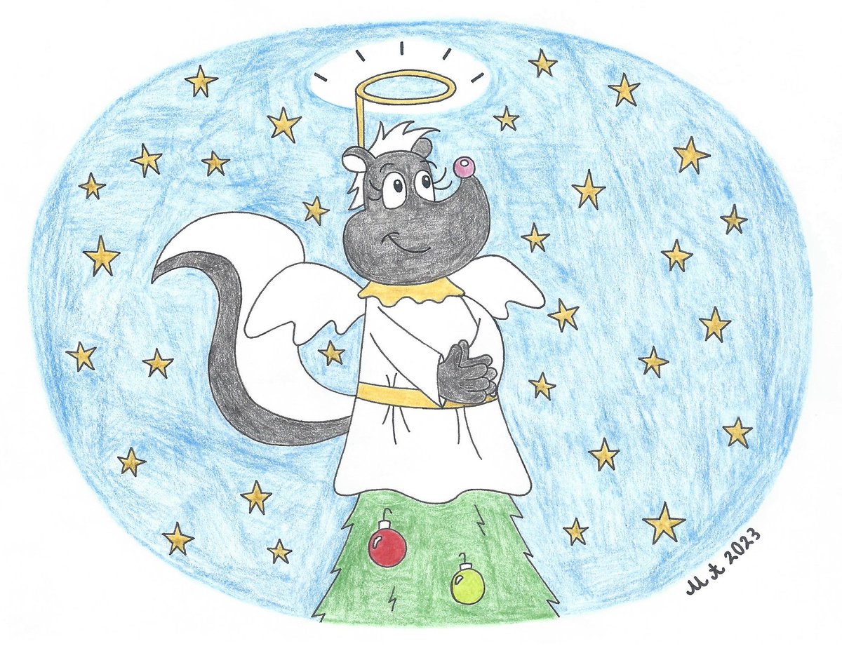 My first Christmas image of 2023.

Maya dressed as a Christmas angel while sitting on top of the tree.
I bet this would make a great Xmas card cover.
#Maya #skunk #Christmas2023 #Christmas #angel #christmascards