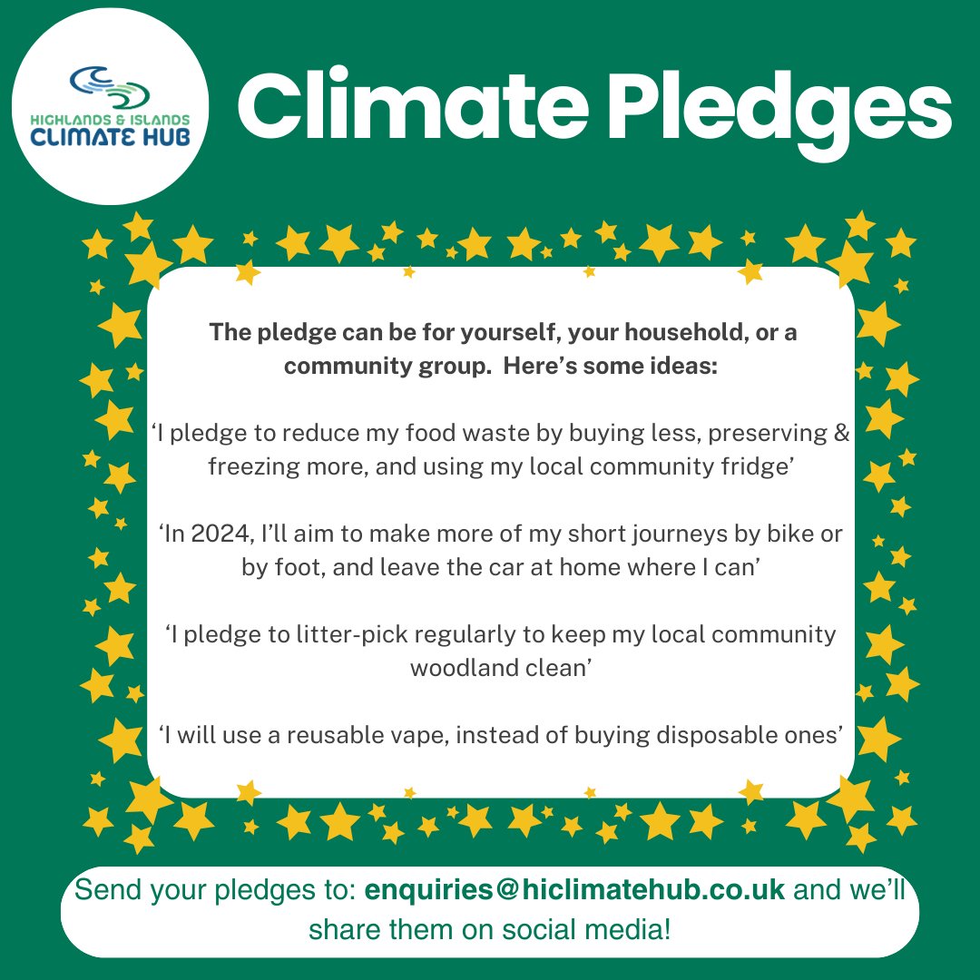 🌟 2024 CLIMATE PLEDGES 🌟 We're collecting and sharing as many pledges as possible this December! Check out some examples below. 👇 Write your pledge and send it to us! Post it on social media with the hashtag #HIClimatePledge or send it to us at: enquiries@hiclimatehub.co.uk