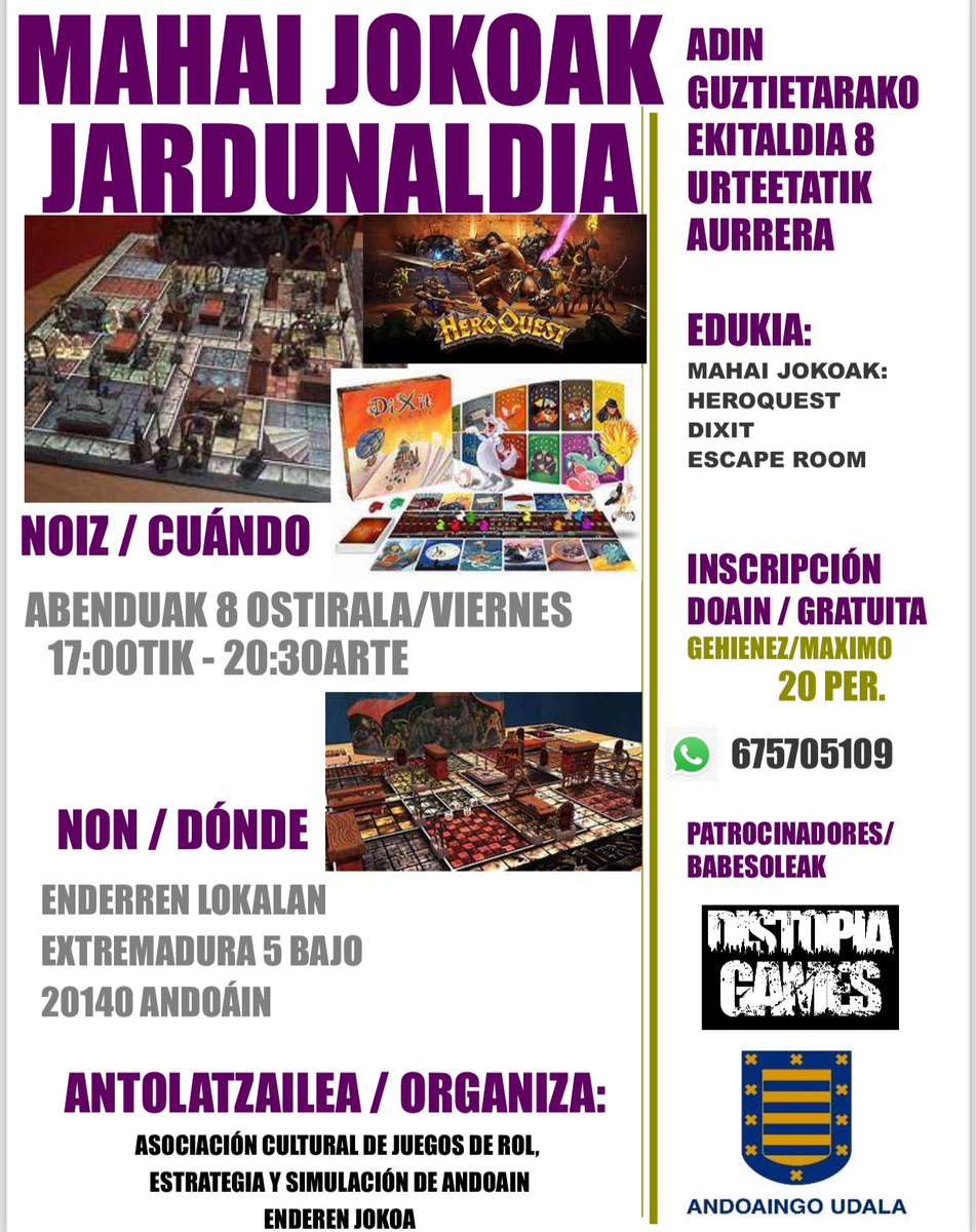Nueva jornada de juegos de mesa en Andoain, este viernes de 17h a 20:30h Animaros!!!