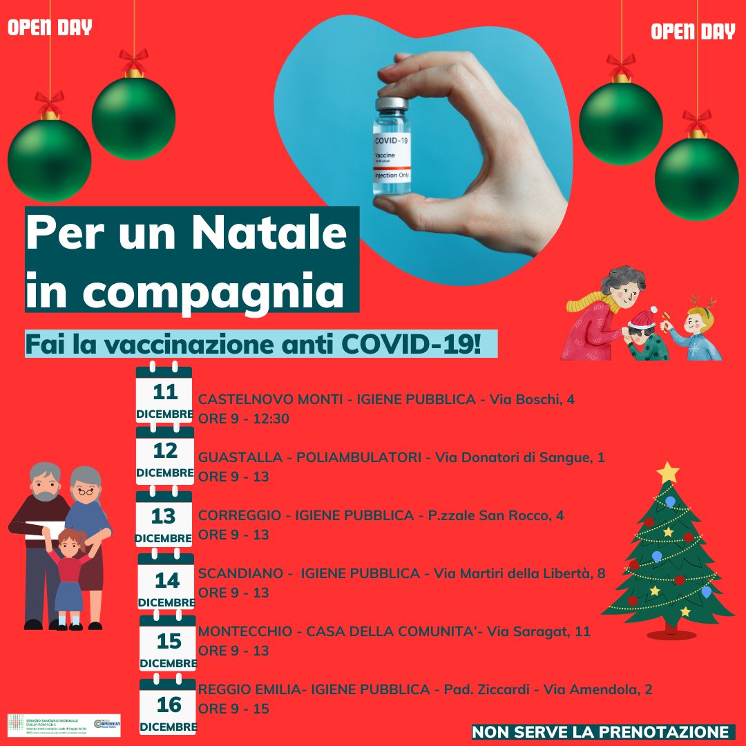📷 Vaccinazione COVID 19: open day in vista delle festività. Accesso senza prenotazione e se lo si desidera si potrà ricevere anche la vaccinazione antinfluenzale. facebook.com/AuslRE/videos/…