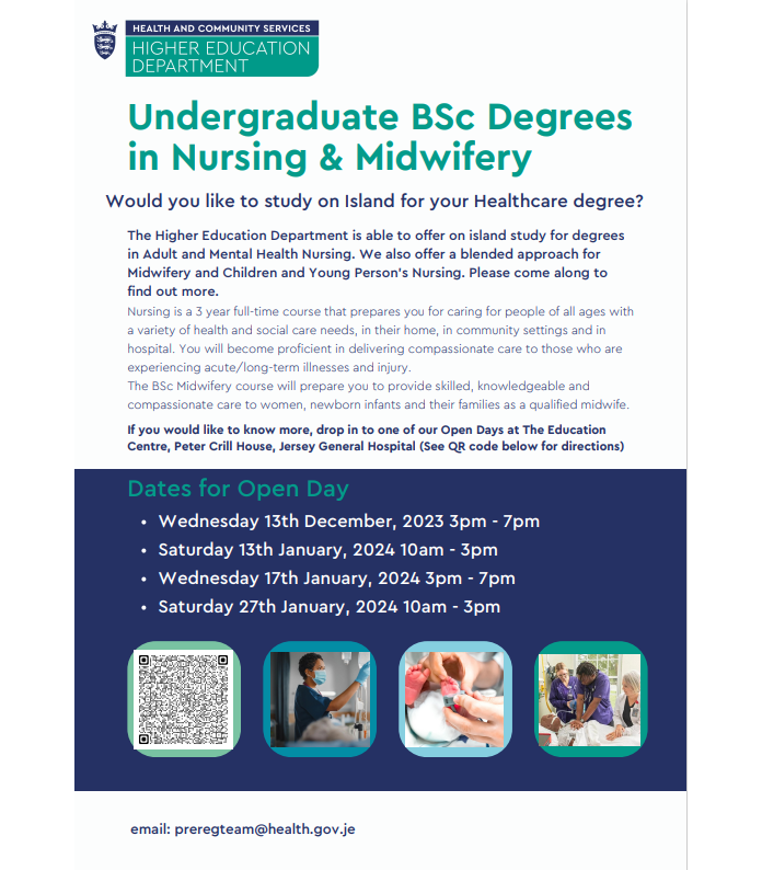 PracticeDevelo2's tweet photo. Please join us for the first HE Department Open Day for 2024 intake next week at Jersey General Hospital for our Nursing, Midwifery and ODP degree programmes. Dates and location are in the flyers. Hope to see you there! @GovJersey @GovJsyHCS @PreRegJersey #studentlife #JerseyCI https://t.co/Zl4jAc3xNJ