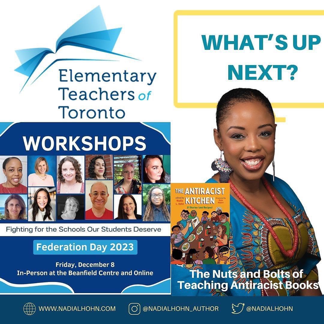 nadialhohn's tweet photo. #WHATSUPNEXTnlh?

I’ll be presenting a wkshp at #FedDay called THE NUTS AND BOLTS OF TEACHING #ANTIRACISTBOOKS. If you are an #ElementaryTeachersofToronto (#ETT) member, you can register through the link on their website.

I’ll bring copies of my books to sell.

@ElemTeachersTO https://t.co/dr6rYczAjw