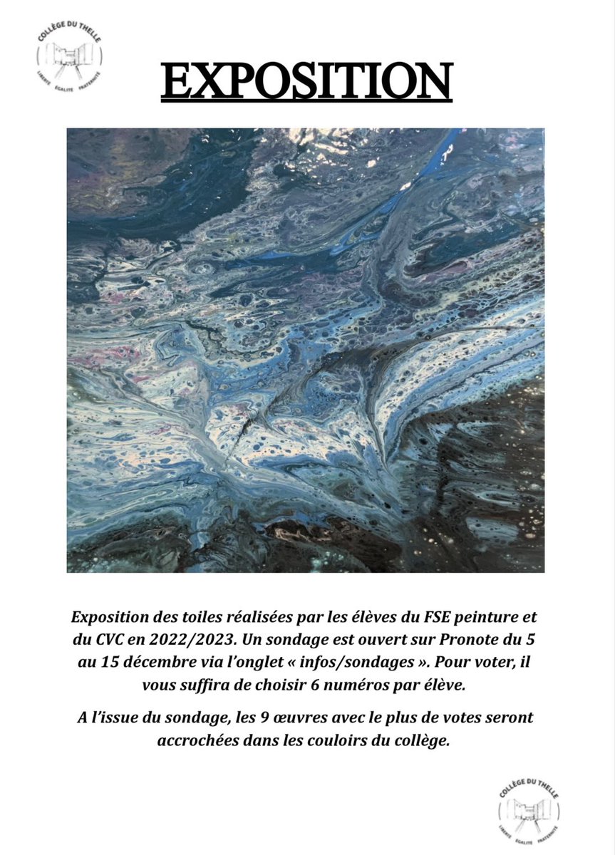 ClgThelle's tweet image. 🎨🎨Exposition des élèves de l’atelier peinture et du CVC. Merci à M.Sadek et M.Mehadji pour ce magnifique projet🎨
#peinture #art #pouring #cvc #acamiens #meru #college #creativite #education #PEAC #clubpeinture #oise #artiste #exposition