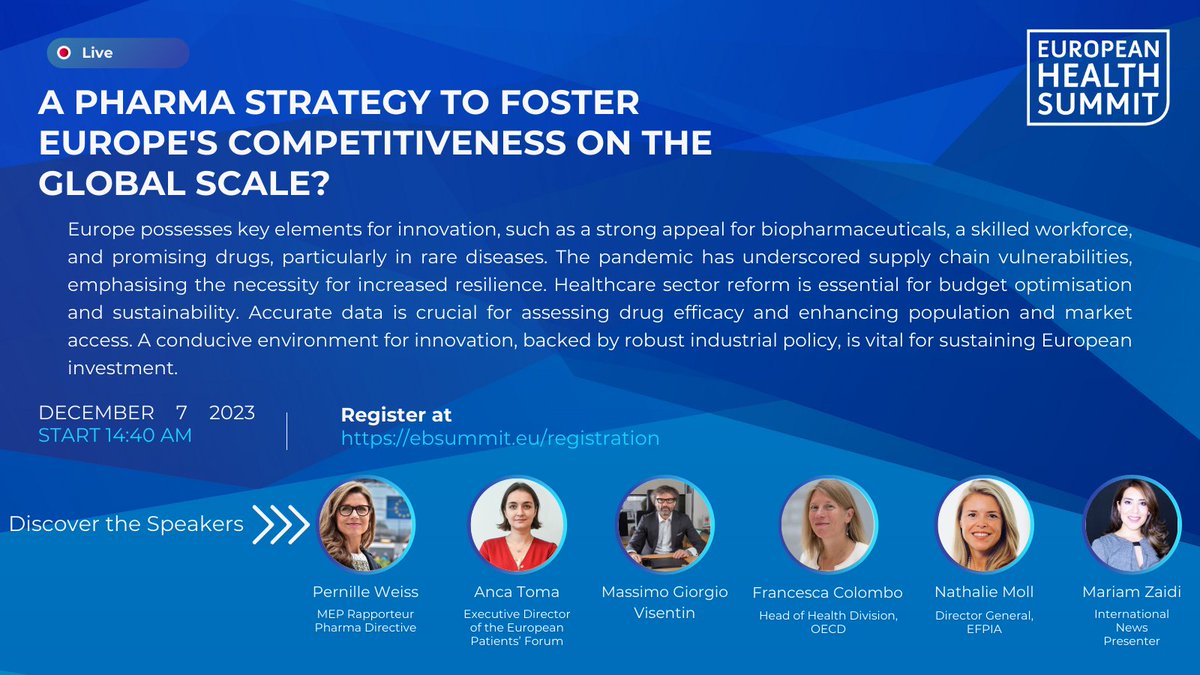 🚨LIVE NOW at #EHS2023 🧐'A pharma strategy to foster Europe's competitiveness on the global scale' 🗣With Pernille Weiss, @Anca4health from @eupatientsforum, Massimo Visentin from @pfizer, @FranColombo2019 from @OECD_Social, @NathalieMoll from @EFPIA and @zaidi_mariam