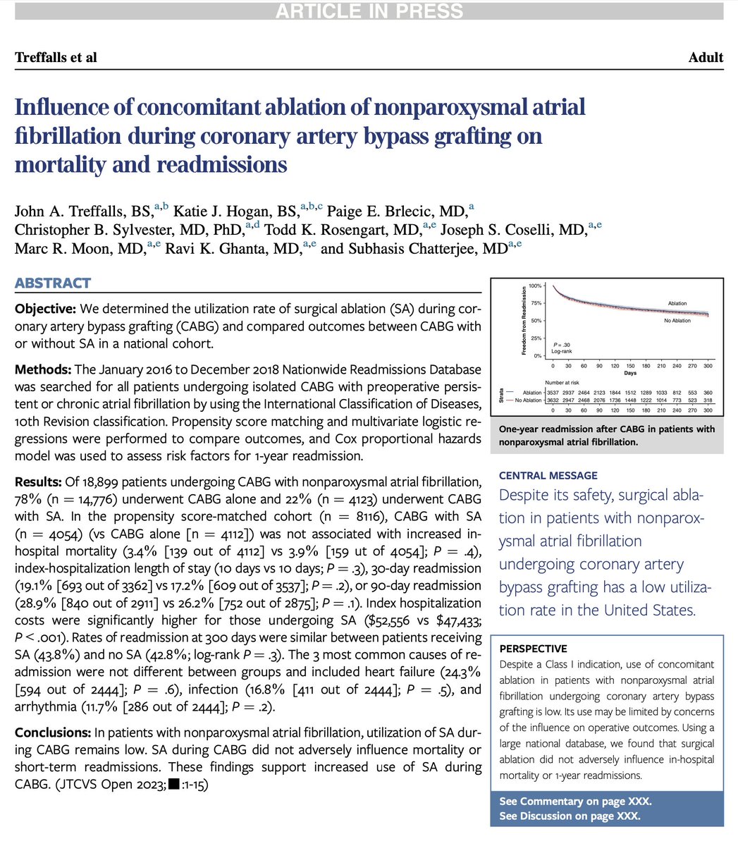 Finally published in @AATSJournals! Always grateful to my @BCM_CTSurgery mentors @SXC71 and @DrRaviGhanta for their continued support. - Surgical ablation is underutilized (22%) in CABG patients with non-paroxysmal AF. - Ablation did not ⬆️ LOS, mortality, or 1-year readmission