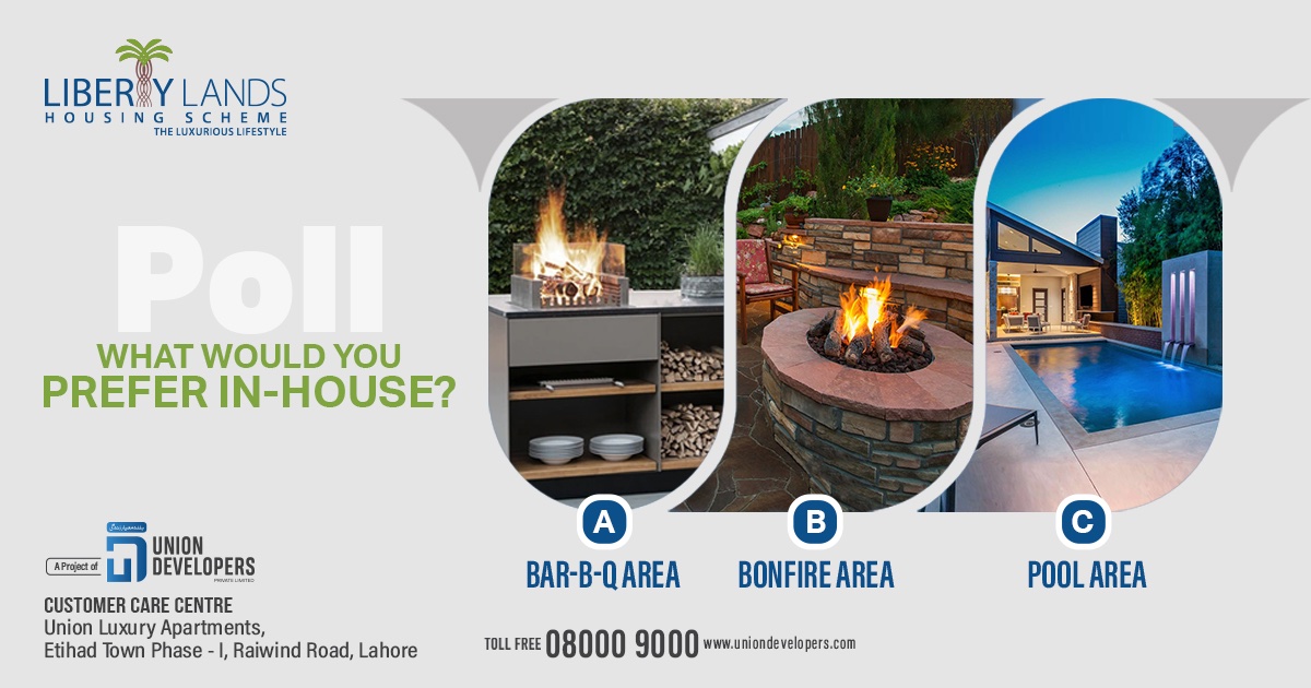 liberty_lands's tweet photo. 🏡✨ Cast your vote! Which in-house haven would you choose for the ultimate relaxation spot?
a. BBQ Area 🍖
b. Bonfire Bliss 🔥
c. Pool Area 🏊♂️
Let us know your pick in a comment section below ⬇️
#LibertyLands #UnionDevelopers #BulandMayareZindagi #BallotedPlots #LDAApproved https://t.co/fXdfevR2Vt