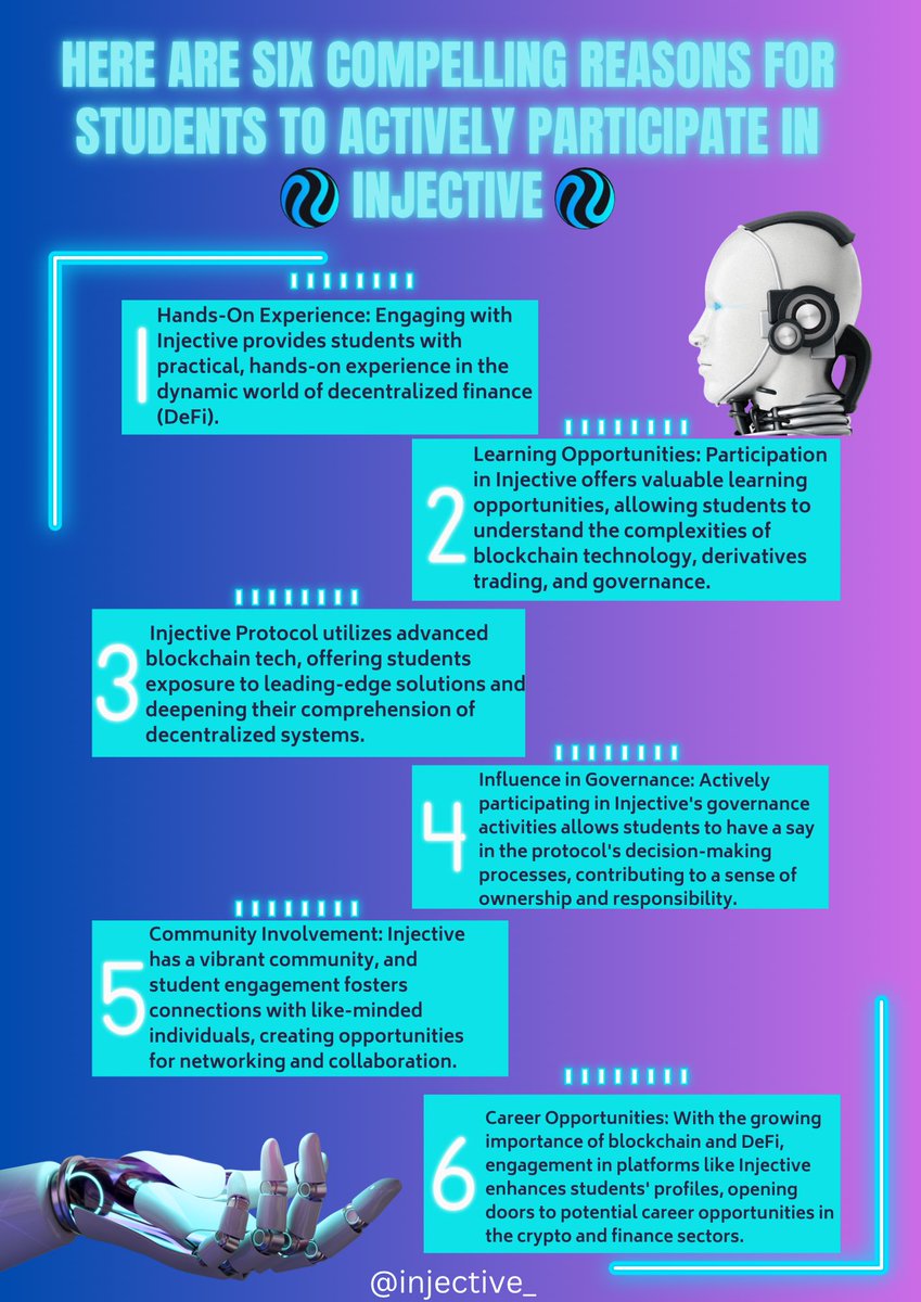 alwarithy's tweet photo. Unlock #DeFi Opportunities! Here are six compelling reasons for students to dive into #Injective #DeFiConnections #InjectiveGovernance #BlockchainLearning https://t.co/5kek8Cky8h