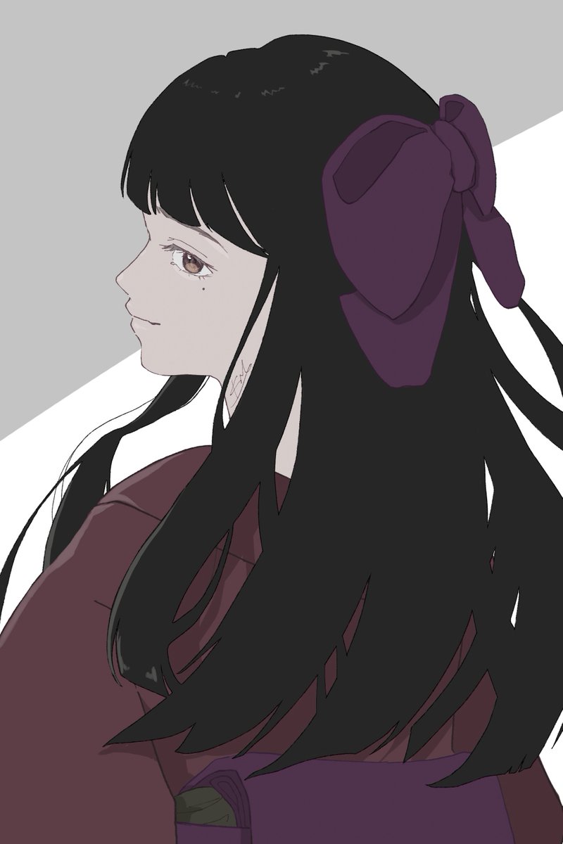 1girl solo long hair kimono japanese clothes black hair bow  illustration images