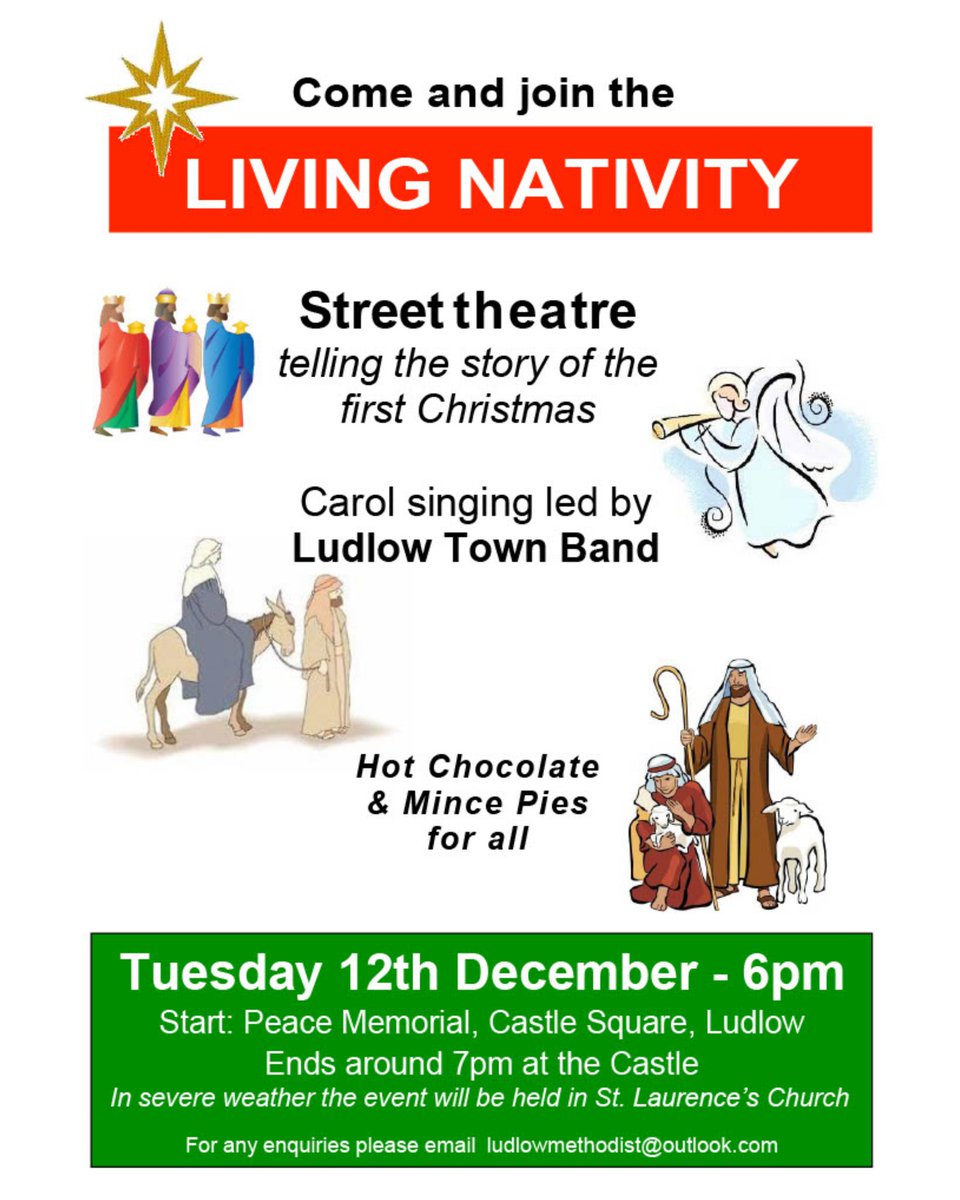 The Living Nativity is next Tuesday 12th December at 6pm, starting at the Peace Memorial in Castle Square and ending around 7pm at the castle. 🌟