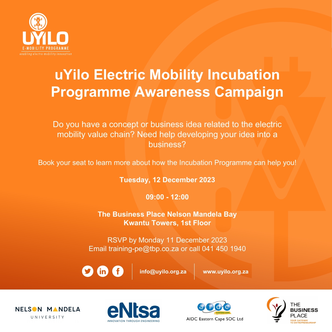 uYilo Electric Mobility Programme (@uyiloza) on Twitter photo Involved in #eMobility & related spaces? We have an #IncubationProgramme #AwarenessCampaign for you on Tuesday, 12 Dec, at #TheBusinessPlace. Book by 11/12. Book at training-pe@tbp.co.za or call 0414501940. Applications from Eastern Cape preferred. #uYilo #EV #ElectricVehicle Involved in #eMobility & related spaces? We have an #IncubationProgramme #AwarenessCampaign for you on Tuesday, 12 Dec, at #TheBusinessPlace. Book by 11/12. Book at training-pe@tbp.co.za or call 0414501940. Applications from Eastern Cape preferred. #uYilo #EV #ElectricVehicle